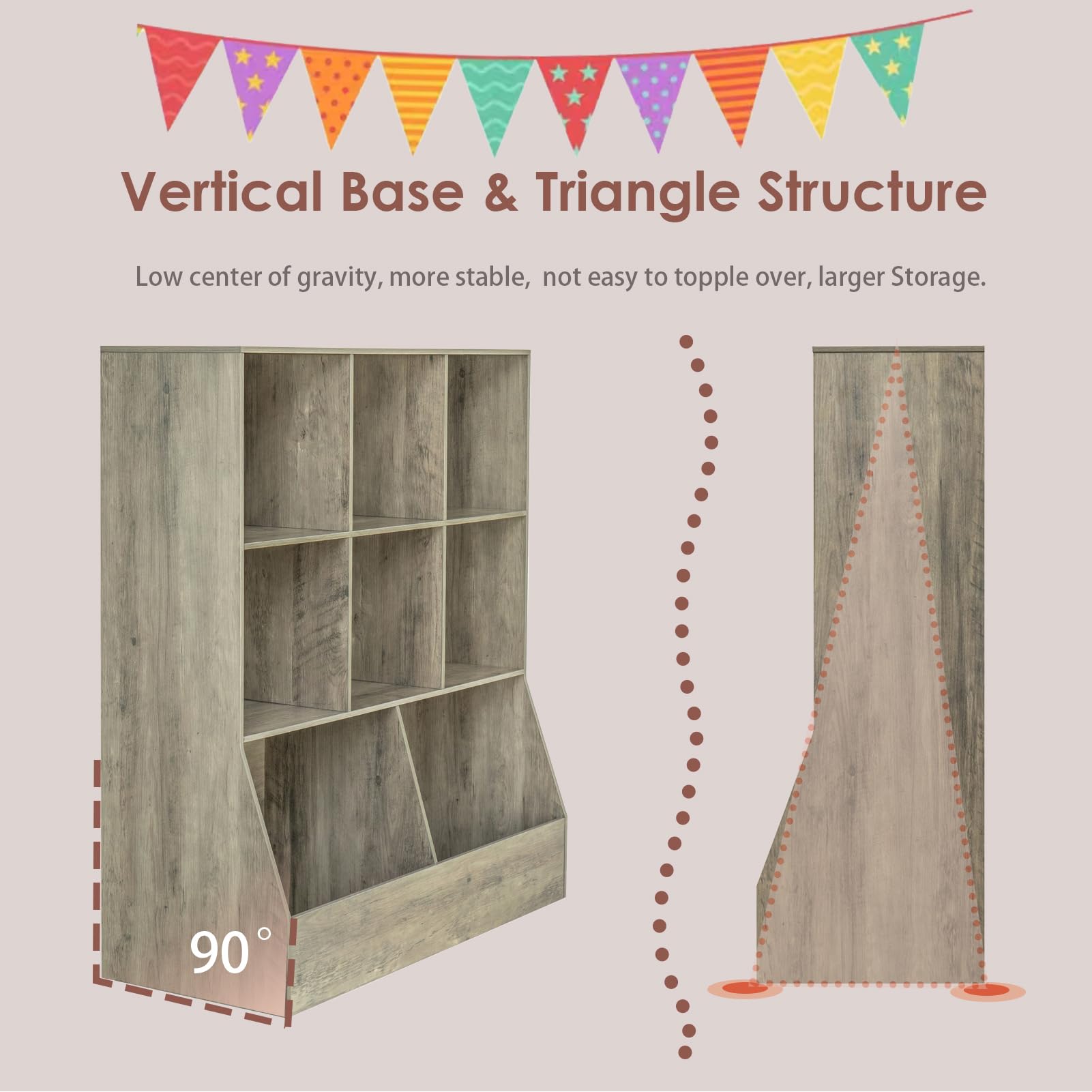 DINZI LVJ Wooden Toy Storage Organizer & Kids Bookshelf - 8-Cubby Bookcase for Toys & Books - Gray Wash 35.4