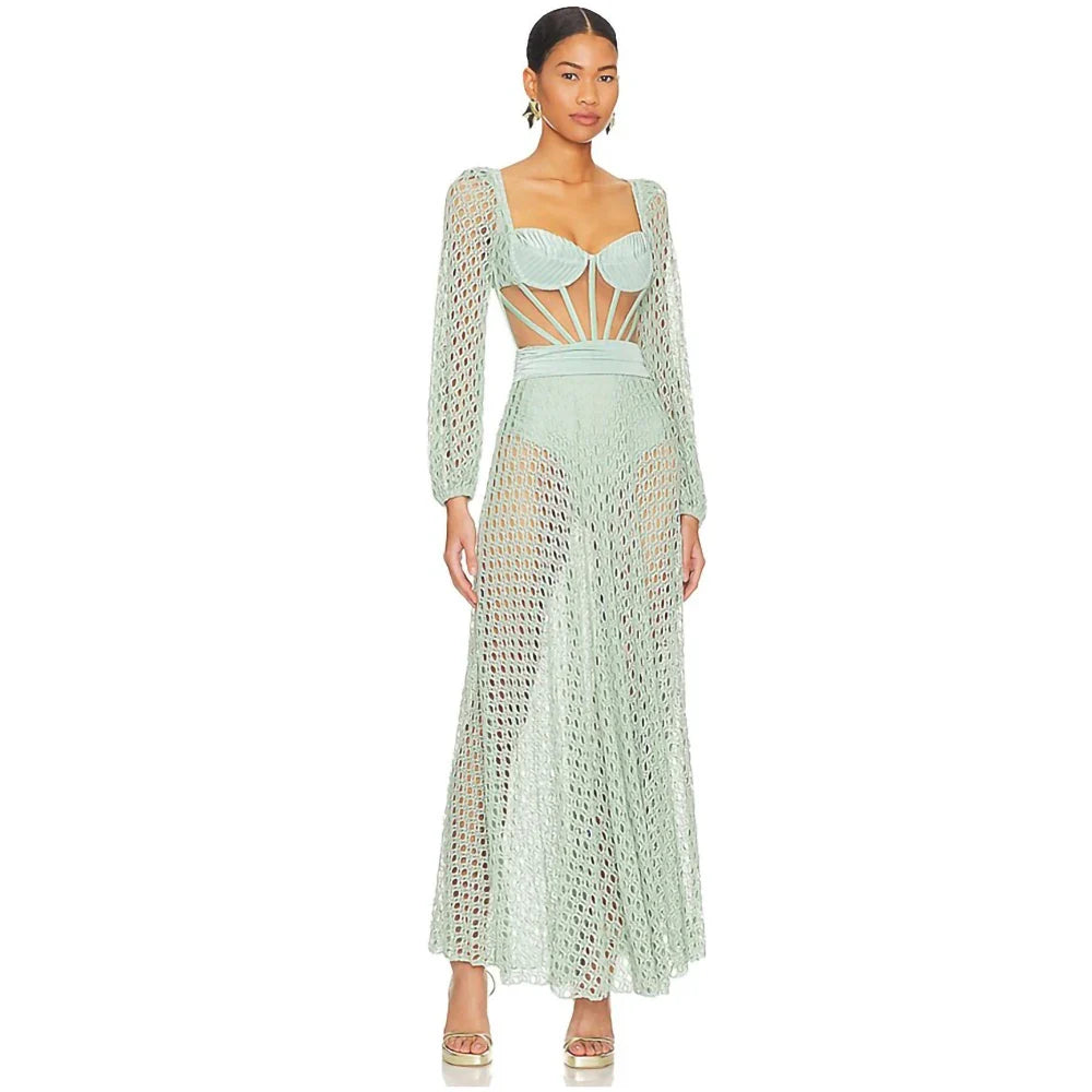2023 New Retro Hollowed Out Backless Sexy Swimsuit - Long Sleeve Knitted Beach Dress for Women, Luxury Solid Color Swimwear, Perfect for Pool Party, Beach Vacation & Summer Fashion