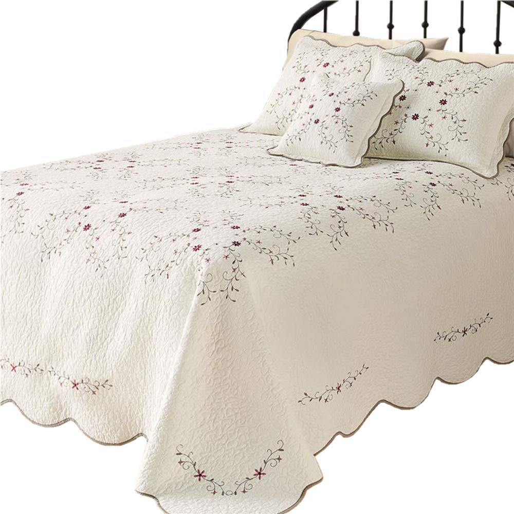 LELVA Oversized Floral Embroidery Bedspread Set - California King Size 3-Piece Quilt Coverlet (118