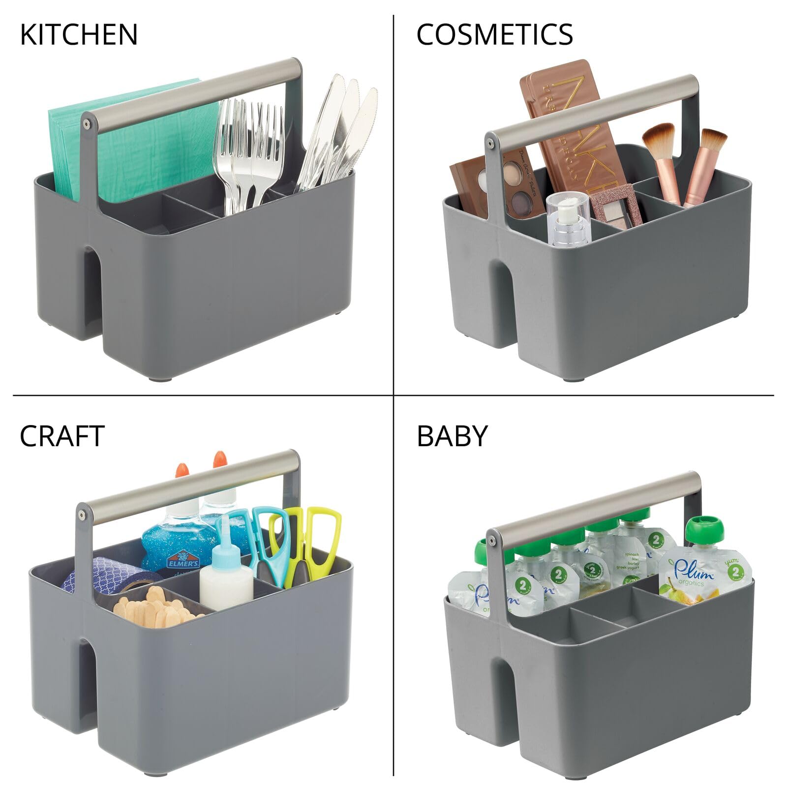mDesign Plastic Shower Caddy Organizer with Metal Handle - Bathroom Storage Basket for Soap, Shampoo & Conditioner - Dorm & Kitchen Utility Tote - Aura Collection in Charcoal Gray/Satin - Perfect for Small Space Organization & Travel Essentials