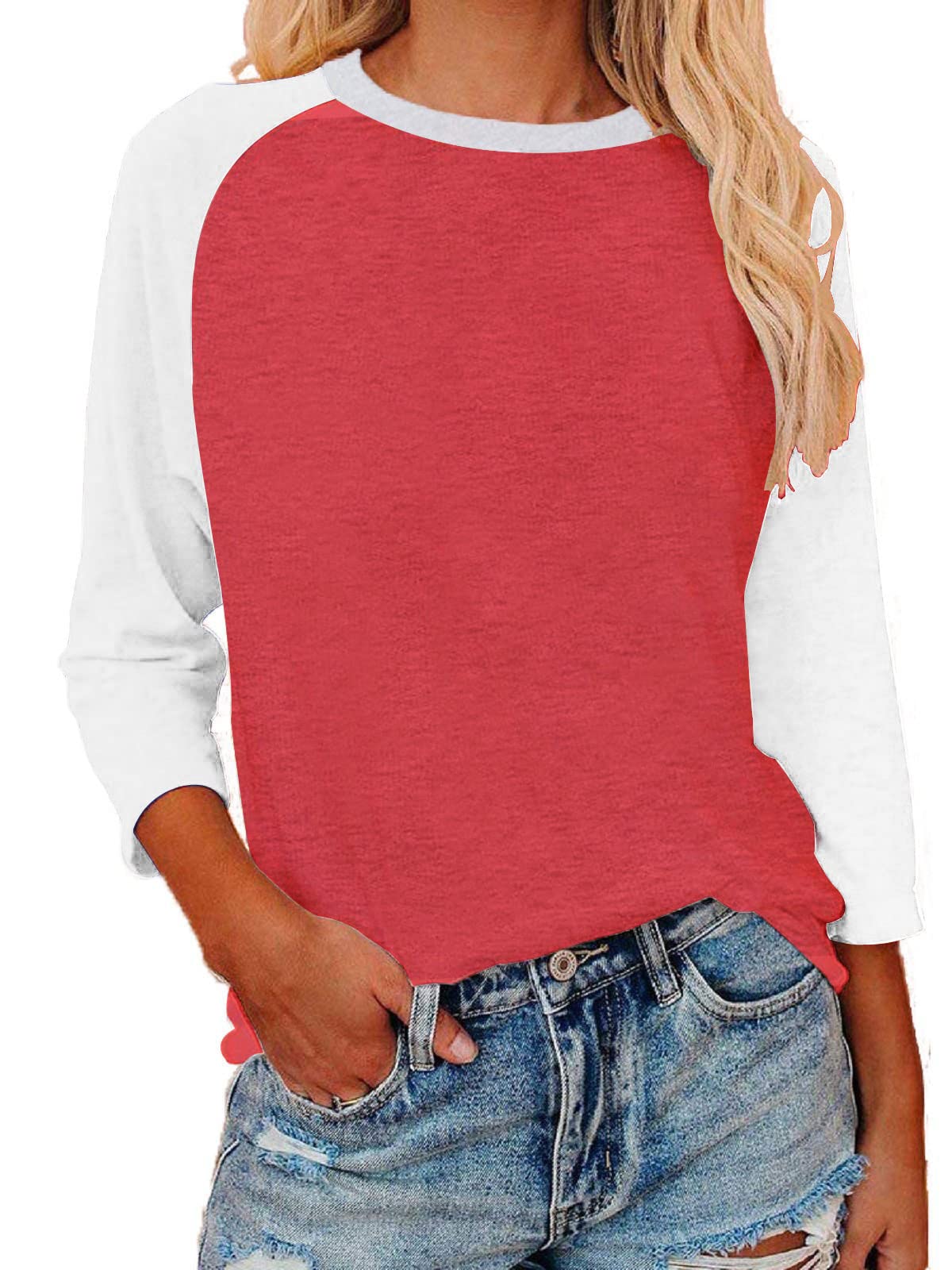 Vintage White & Red Baseball Tee for Women - 3/4 Sleeve Raglan T-Shirt with Embroidered Patches - Casual Retro Style Top (X-Large, Pink Option Available) - Perfect for Casual Outings, Baseball Games & Vintage Fashion Looks