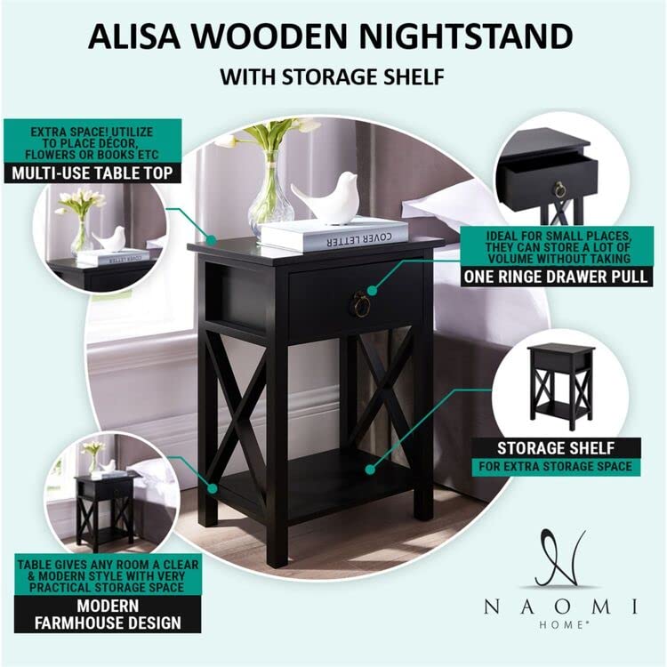 Compact 1.8ft Wooden Nightstand Set of 2 with Drawer - Space-Saving Bedside Tables for Small Bedrooms - White Modern Nightstands for Bedroom Decor - Perfect for Apartment Living, Dorm Rooms & Guest Rooms