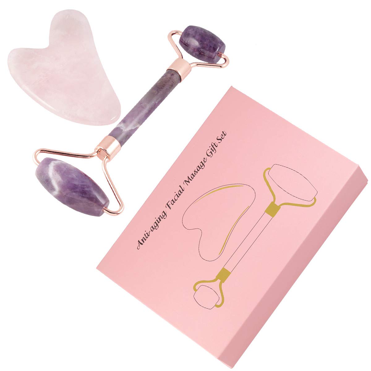 mookaitedecor Amethyst Roller & Rose Quartz Gua Sha Facial Massage Set - Anti-Aging Face Tool for Wrinkles Reduction, Skin Tightening and Lymphatic Drainage | Perfect for At-Home Spa, Self-Care Routine and Skincare Regimen