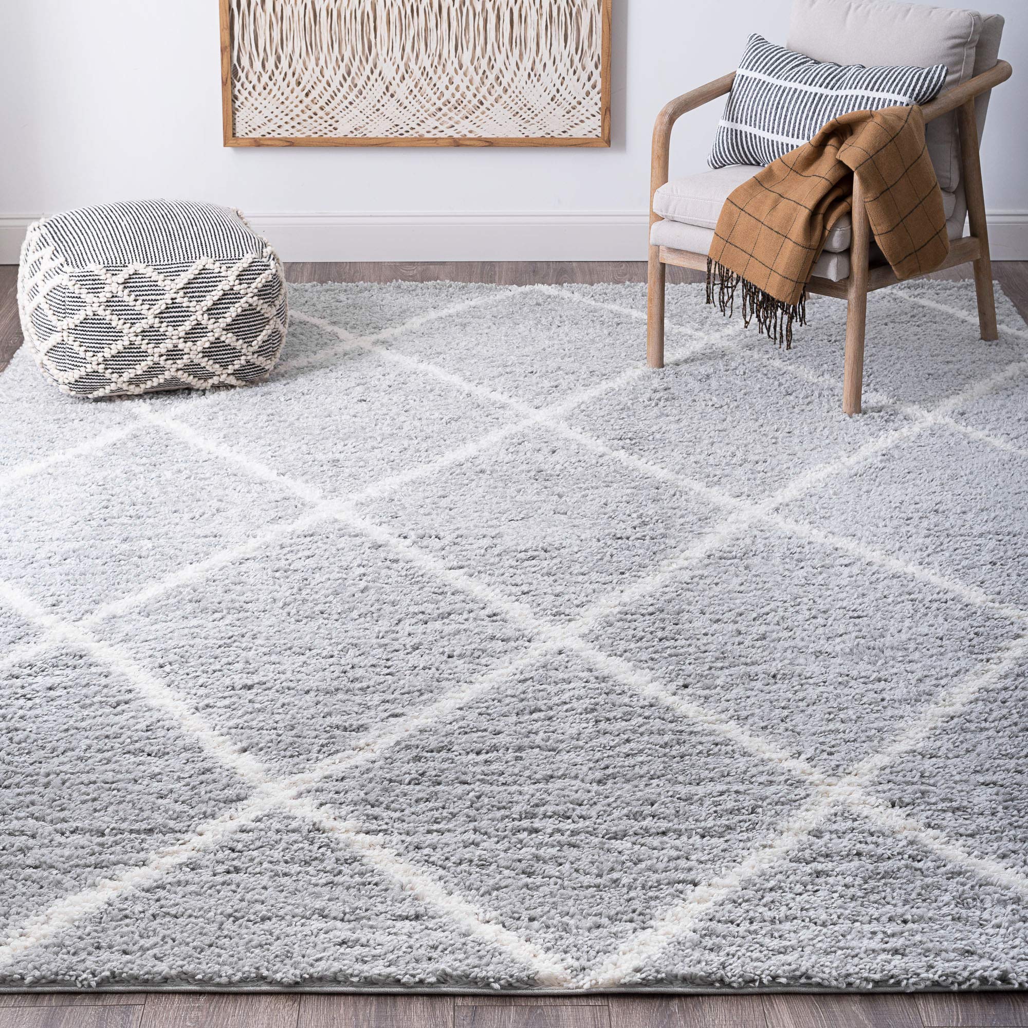 Derry Silver Large 8x10 Shag Rug - Soft Plush Area Carpet for Living Room, Bedroom, Dining Room | Indoor Entryway, Foyer, Kitchen & Bath Decor | Transitional Shaggy Diamond Pattern - Cozy Home & Office Flooring Solution