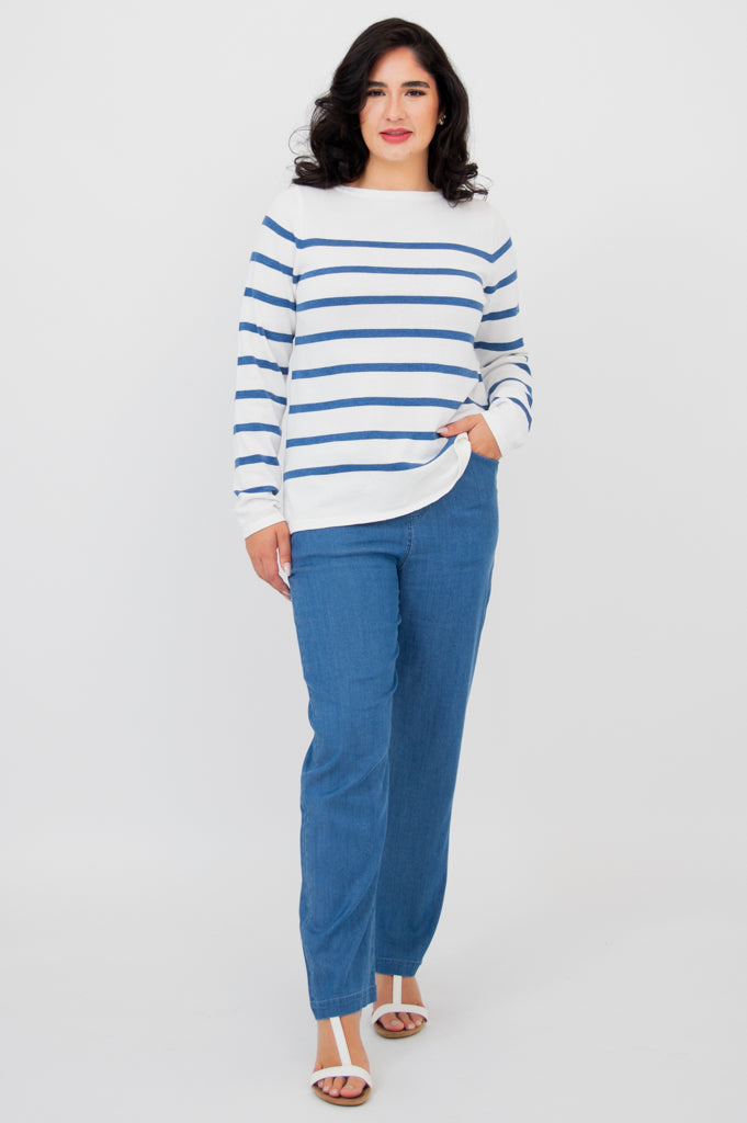 Frida Sweater for Women - Soft Cotton Denim Stripe Pullover - Casual Comfort for Everyday Wear & Outfits