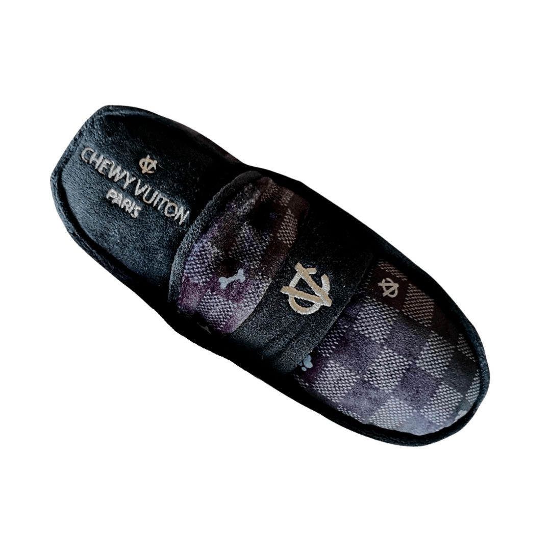 LV-Inspired Black Checker Plush Chewy Loafer Dog Toy - Perfect for Teething Puppies & Playtime Fun