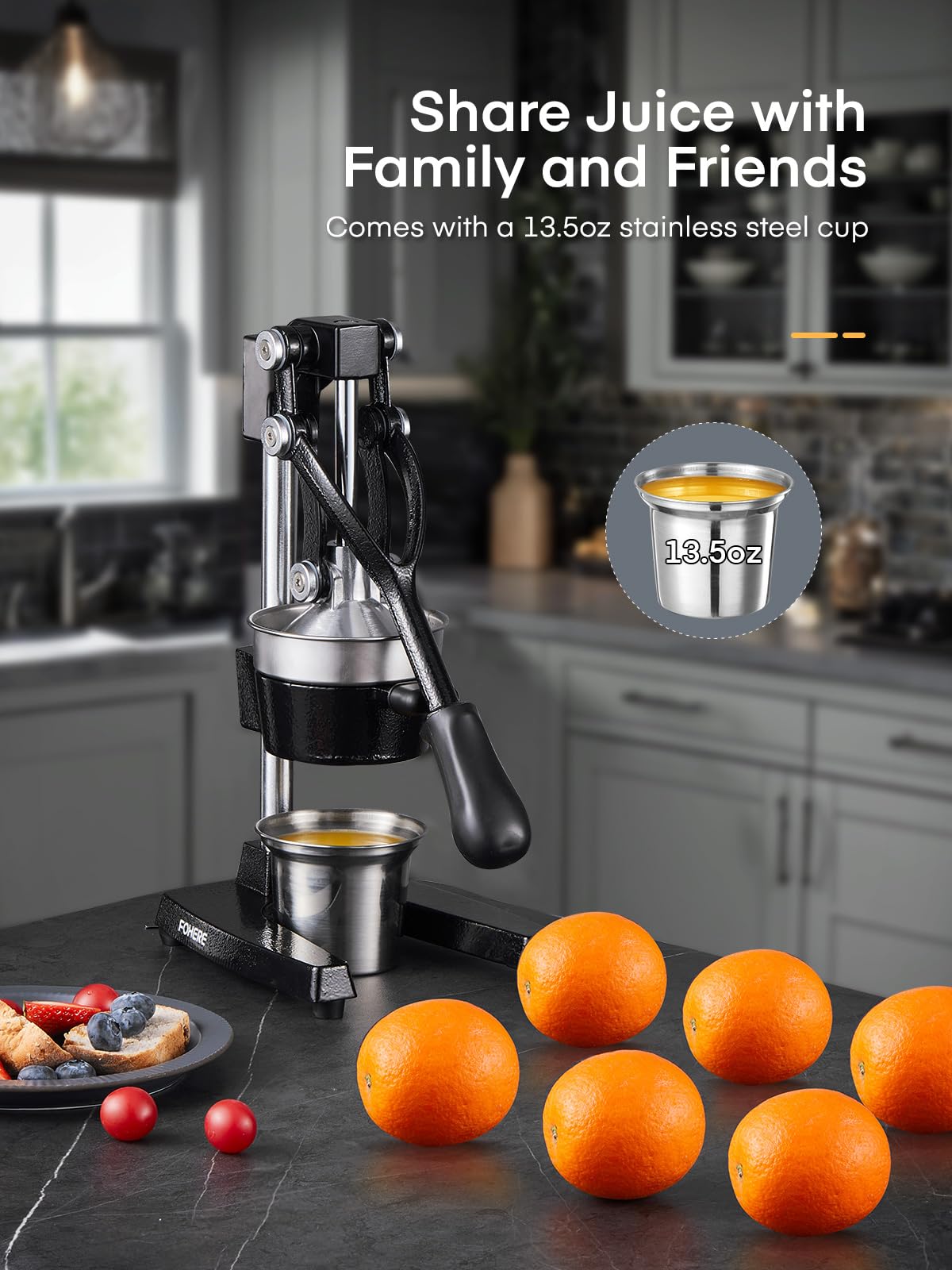 FOHERE Heavy Duty Cast Iron Citrus Juicer - Manual Orange, Lemon, Pomegranate & Grapefruit Press with Stainless Steel Cup - Easy Clean Commercial Grade Fruit Squeezer for Bars, Restaurants & Home Kitchen Use