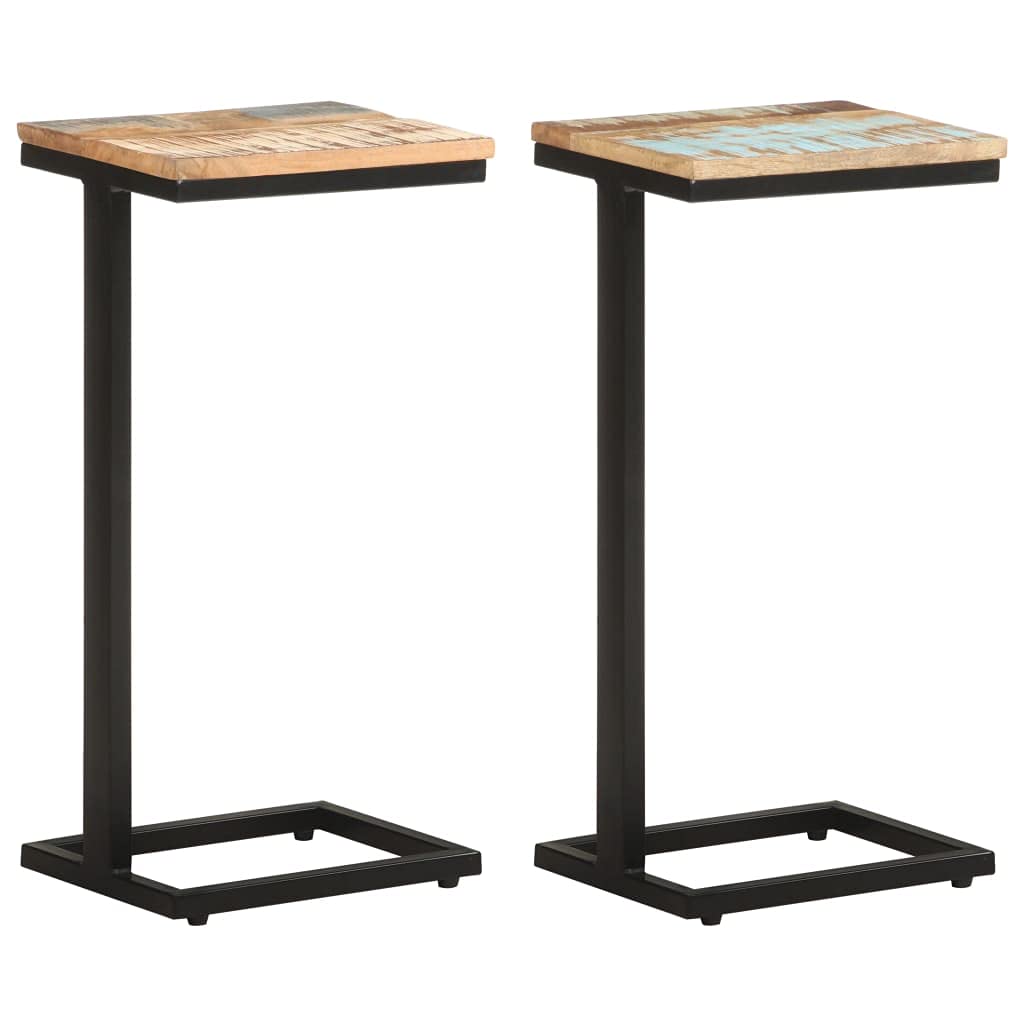 Set of 2 C-Shaped Sofa Side Tables - Reclaimed Wood Coffee End Tables with Metal Frame in Brown | Perfect for Living Room, Bedroom & Small Spaces