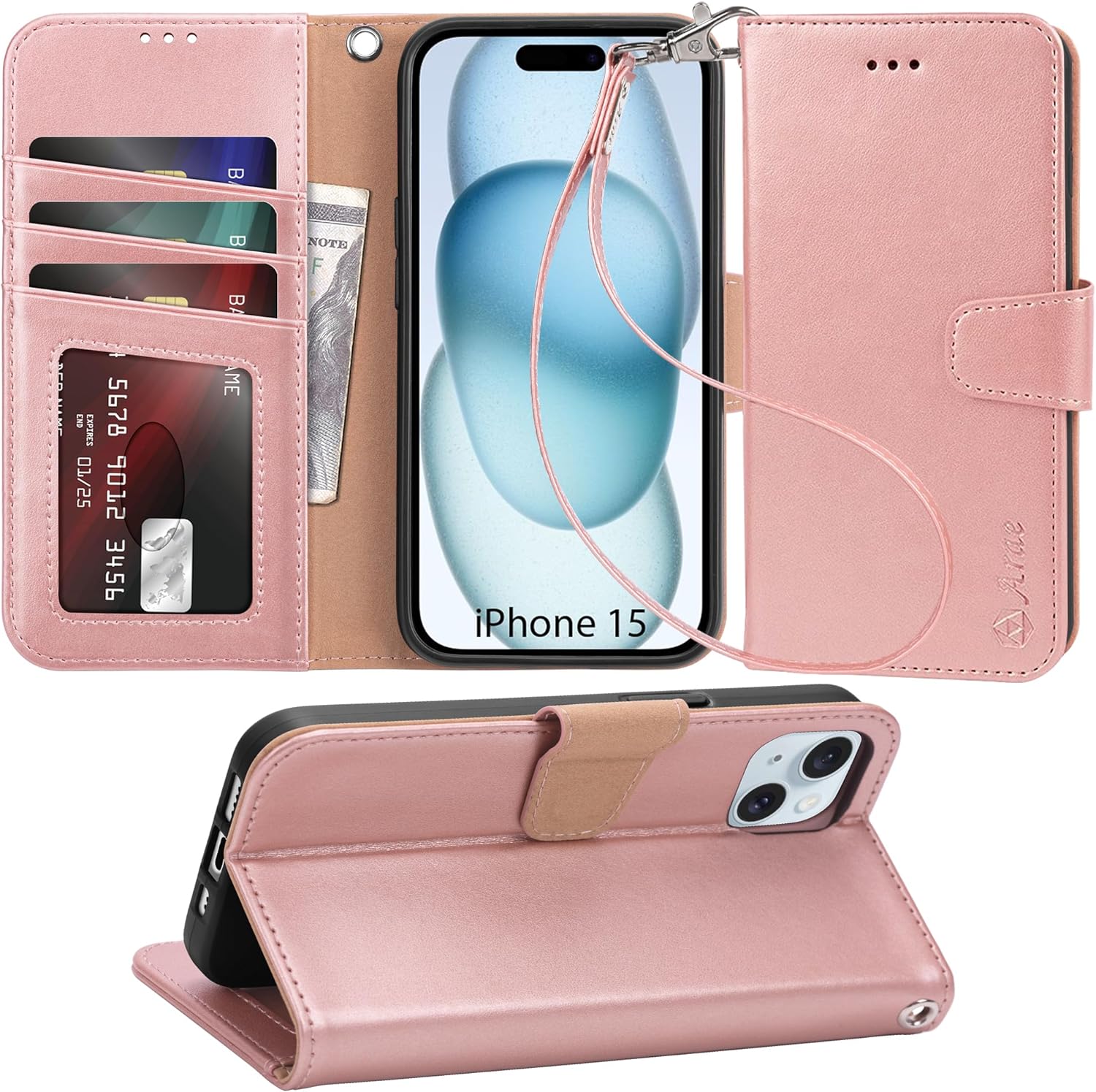 iPhone 15 Pro Case with Card Holder & Wrist Strap - Slim Wallet Flip Cover in Rose Gold | Perfect for Everyday Use, Travel & Hands-Free Convenience