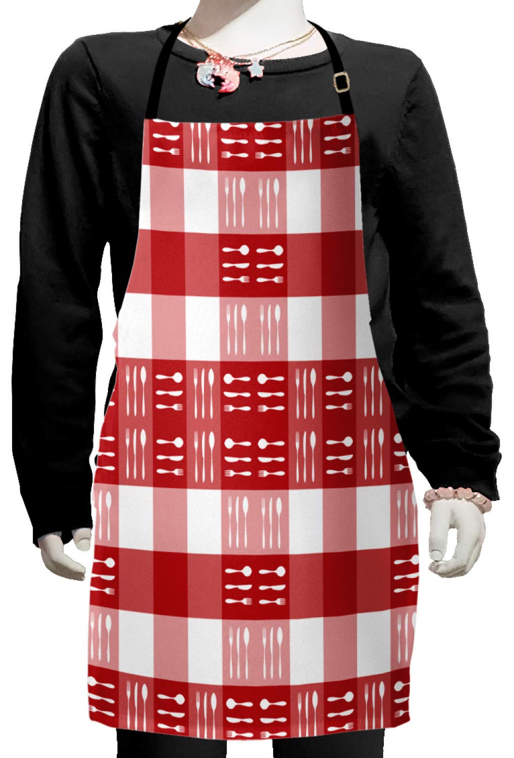 Ambesonne Checkered Kitchen Apron with Cutlery Silhouettes - Adjustable Bib Apron for Cooking, Baking, Painting - Perfect for Home Chefs, Picnics & DIY Projects - Coral/Dark Coral/White Small Size