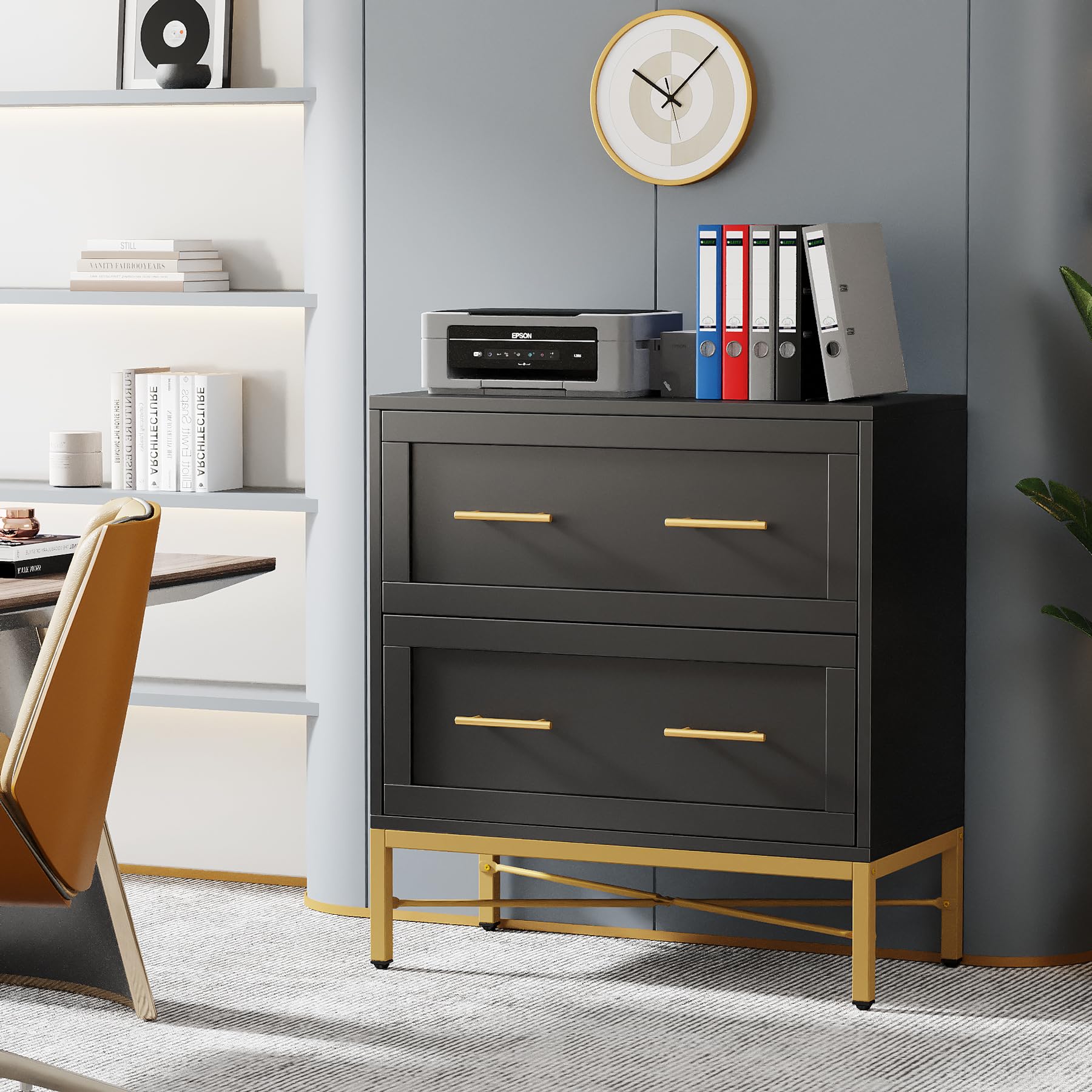 Tribesigns 2 Drawer File Cabinet - Modern Lateral Filing Cabinet for Letter/Legal/A4 Size Documents - Large Storage Cabinet with Printer Stand for Home Office - Black & Gold - Perfect for Organizing Files, Office Supplies & Workspace Essentials