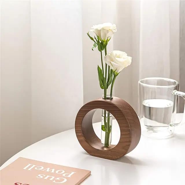 Ancient Style Wooden Test Tube Planter - Modern Glass Flower Vase with Wood Stand for Plant Propagation | Home Decor, Office Desk, Wedding Centerpiece, Indoor Gardening Gift