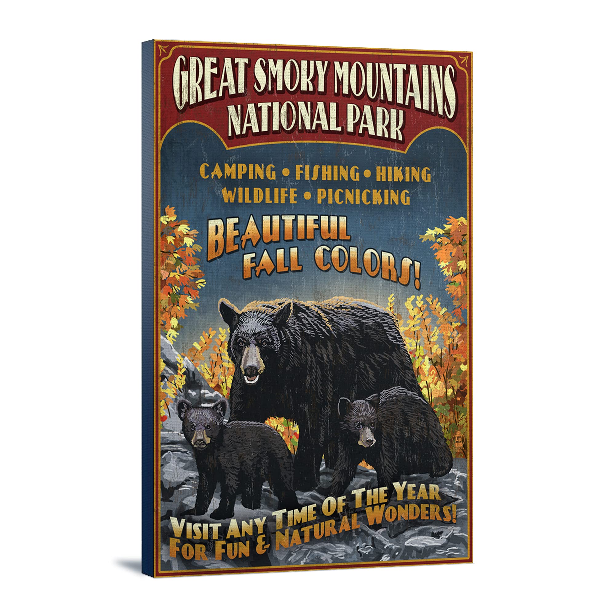 Lantern Press Great Smoky Mountains National Park Tennessee Black Bears Vintage Sign - 24x36 Wrapped Canvas Wall Art Decor - Perfect for Living Room, Bedroom & Office Decorations