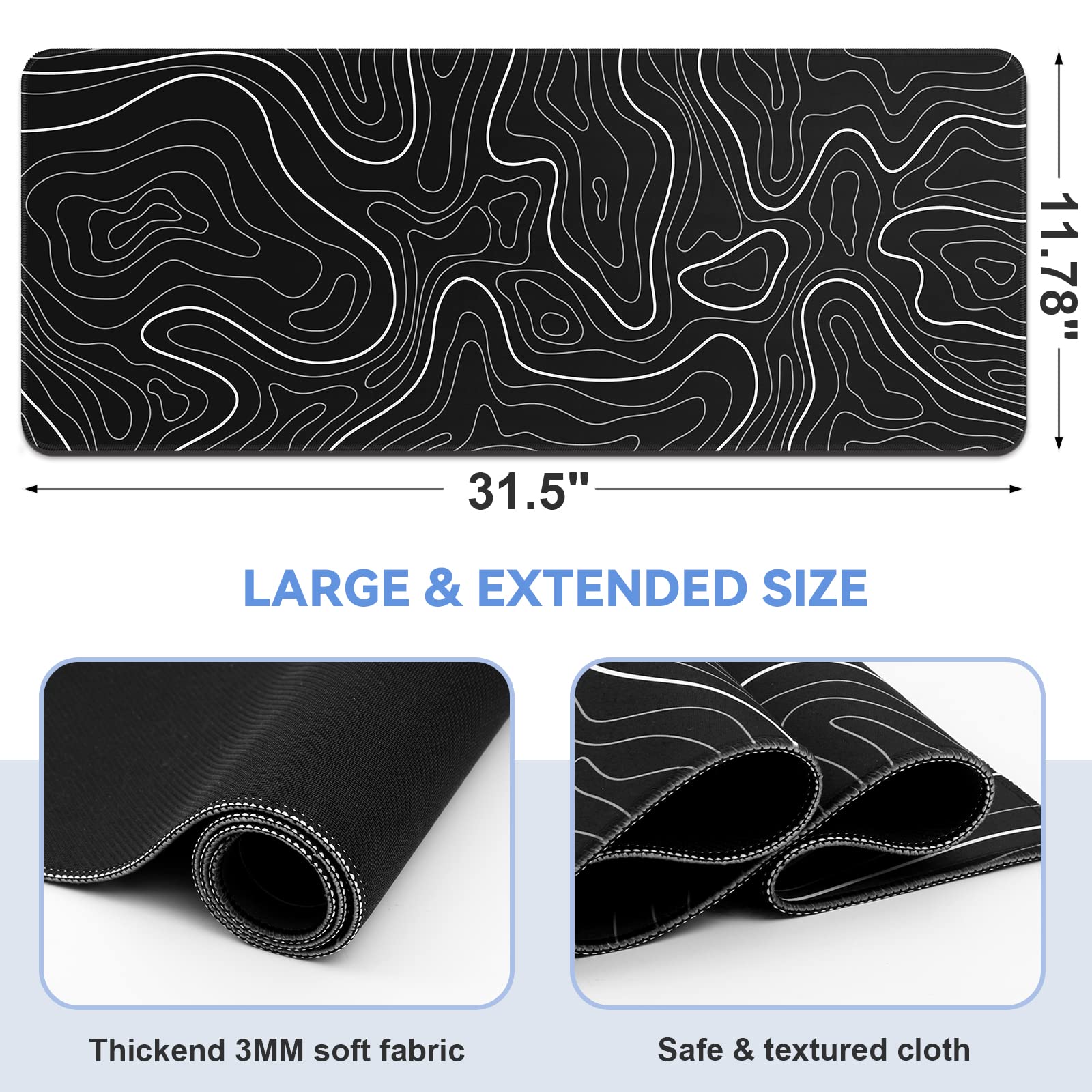 Large Gaming Mouse Pad 31.5 x 11.8 Inches - Non-Slip Rubber Base Extended Keyboard & Mouse Mat for PC, Laptop, Home & Office (Black with White Topographic Design) - Perfect for Gamers, Programmers & Office Workers