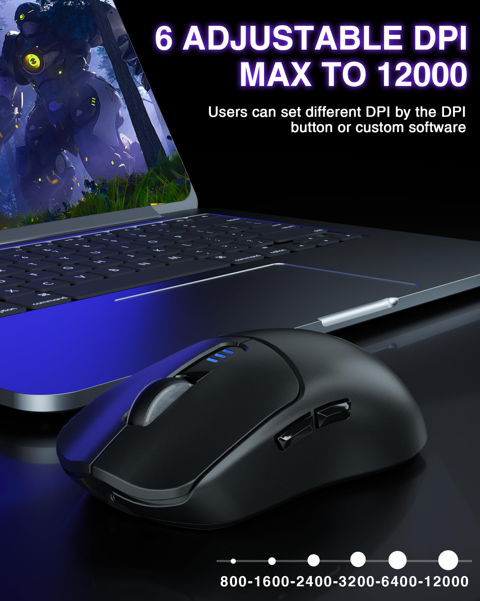AULA SC580 Wireless Gaming Mouse - Tri-Mode 2.4G/BT5.0/USB-C, 12000 DPI Rechargeable, 6 Programmable Buttons, Ergonomic Design for PC, Laptop, Mac & Tablet | Perfect for FPS, MOBA Games & Office Work