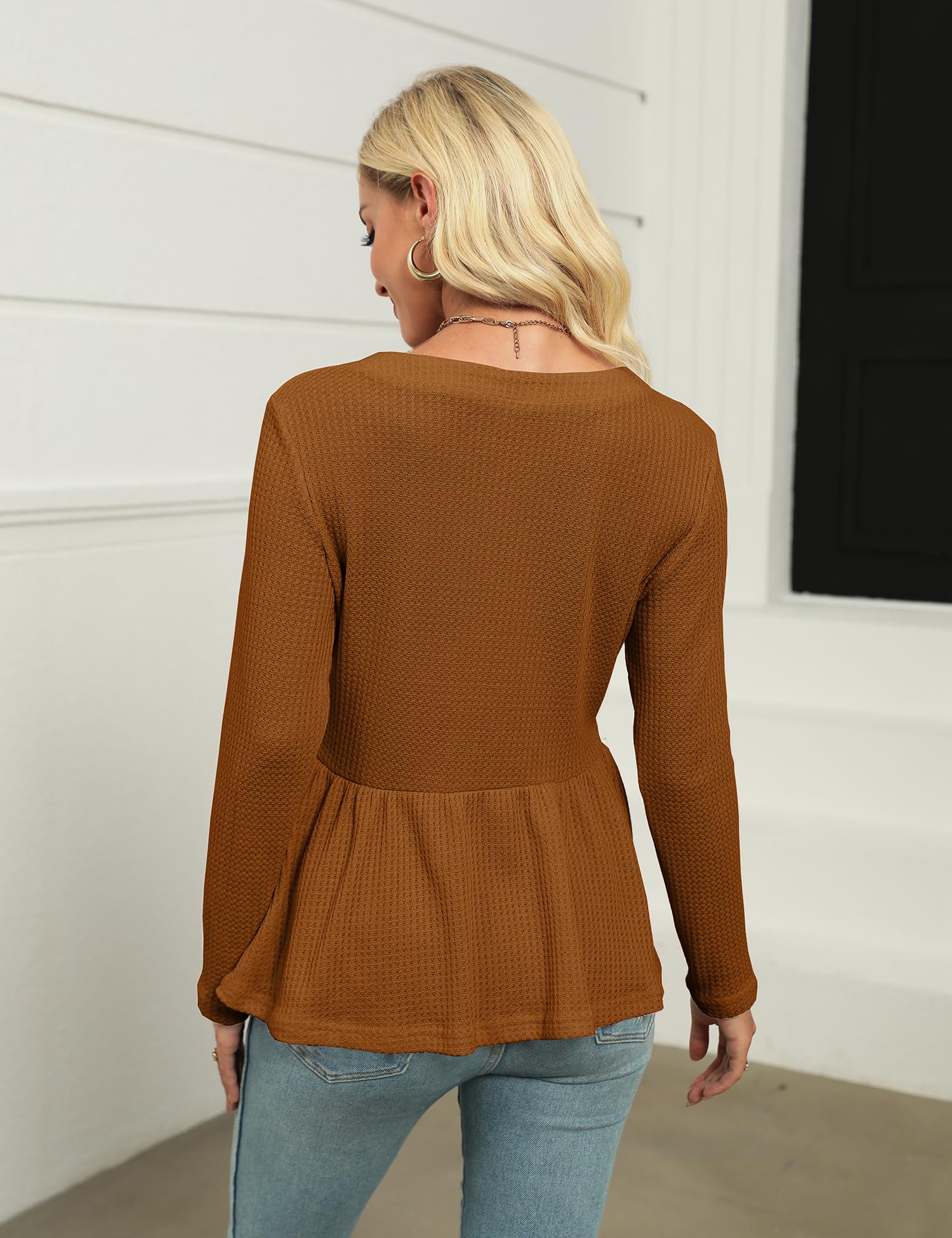 Women's Casual Peplum Top V-Neck Long Sleeve Waffle Knit Ruffle Hem Tunic Shirt for Fall Winter 2023 | Stylish Blouse for Office, Date Night & Everyday Wear