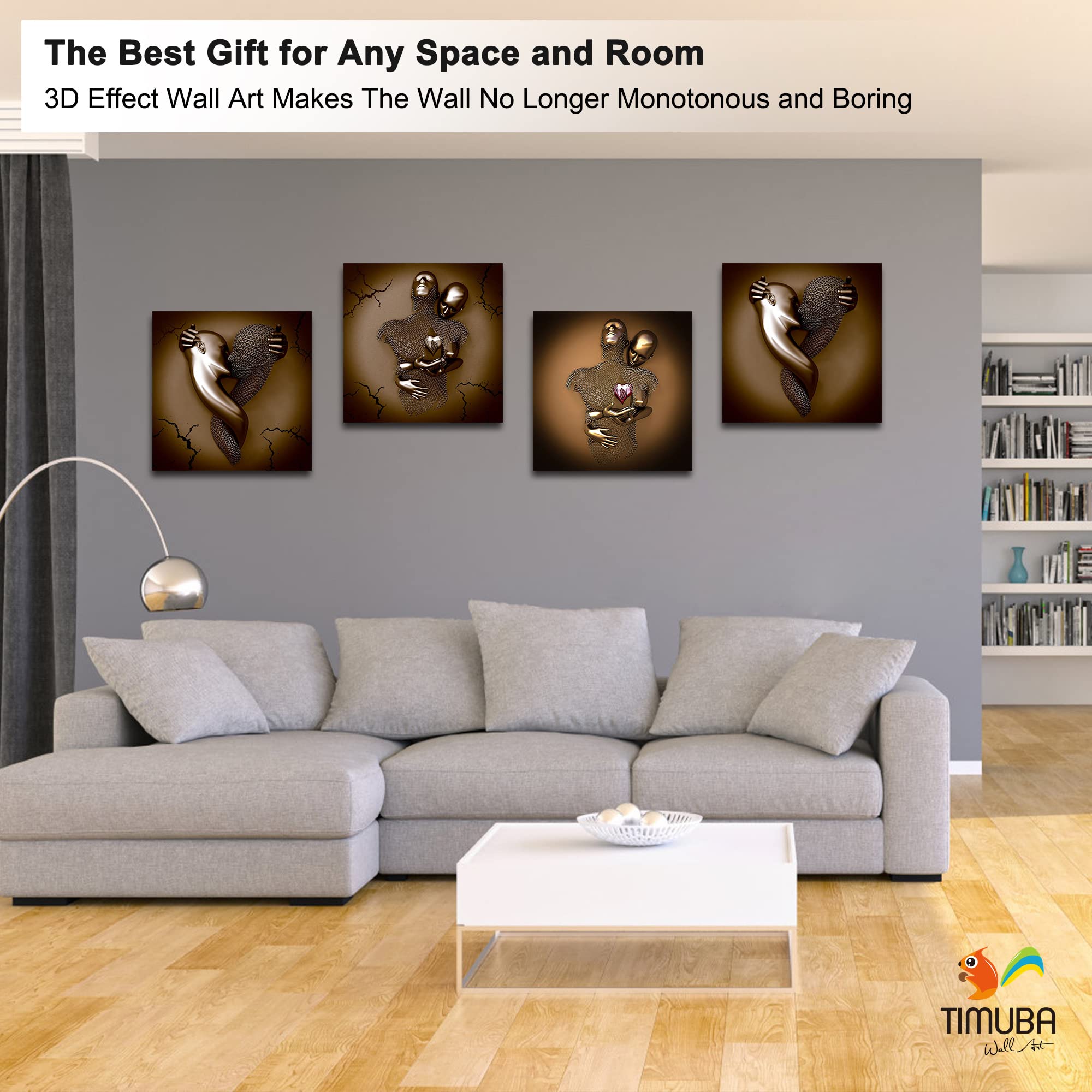 4 Piece Set 3D Canvas Wall Art - Love Heart Gray Modern Framed Painting, Hugging Couple & Kissing Design for Bedroom Decor (20