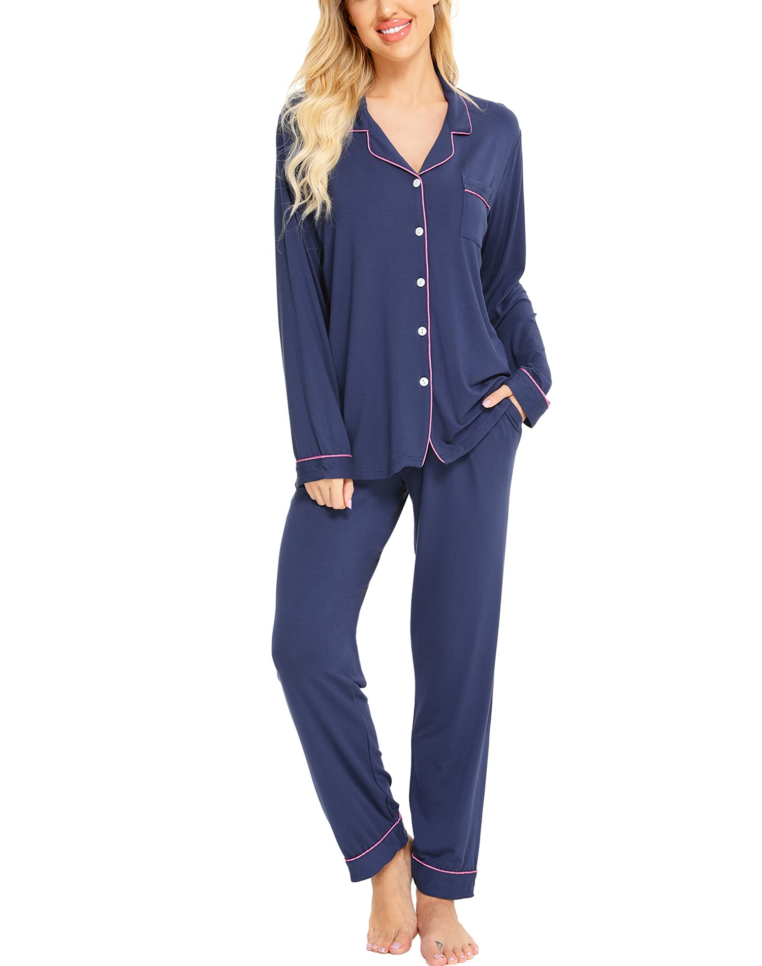 SWOMOG Women's Long Sleeve Pajama Set - Soft Button Down Sleepwear & Lounge Pjs for Nighttime Comfort - Perfect for Sleeping, Relaxing at Home, and Cozy Evenings