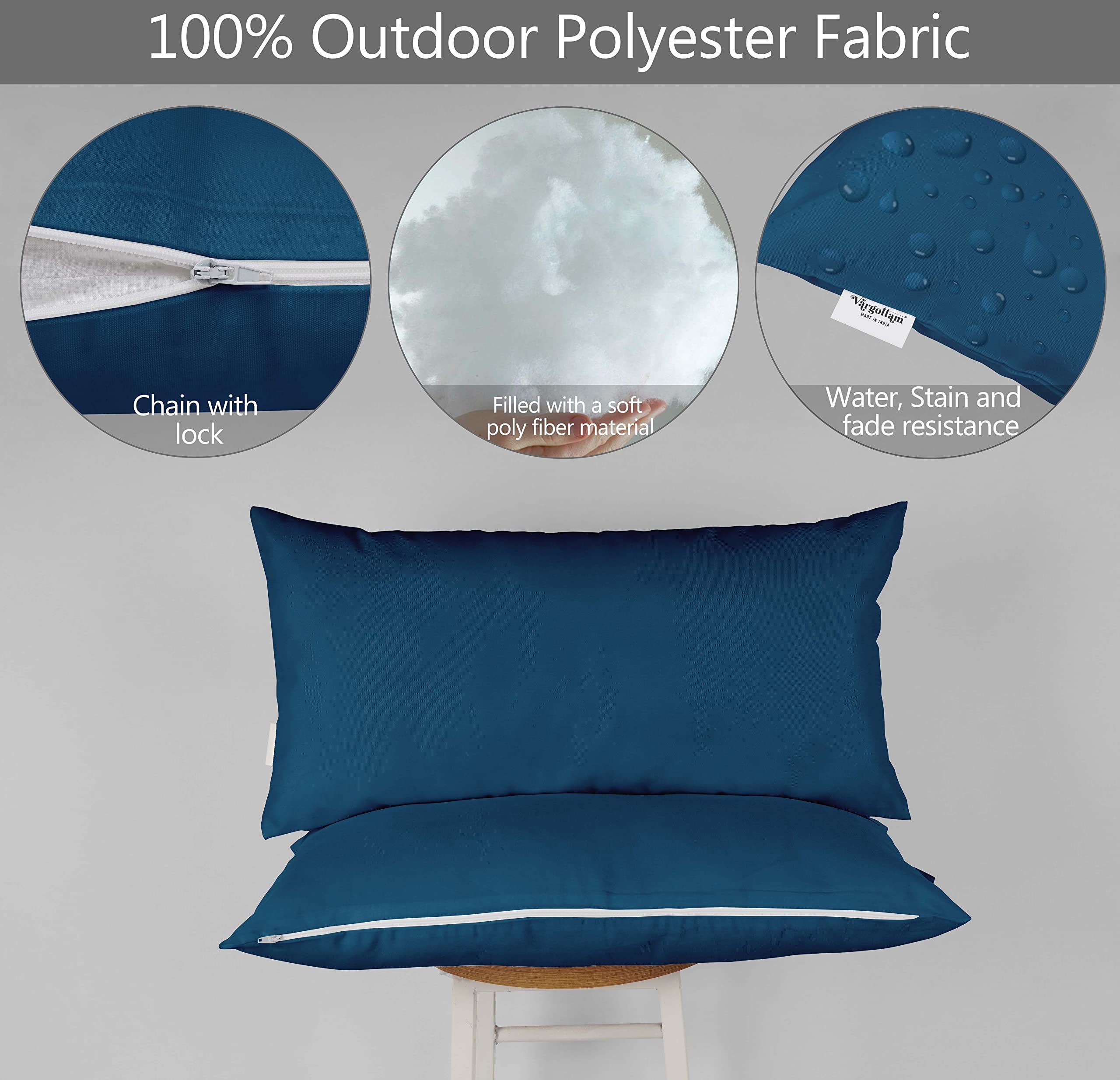 Waterproof All-Weather Polyester Lumbar Pillow Set of 2 - Navy Blue Indoor/Outdoor Decorative Throw Pillows for Patio Furniture, Sofa & Bed - Perfect for Living Room, Garden and Poolside Relaxation