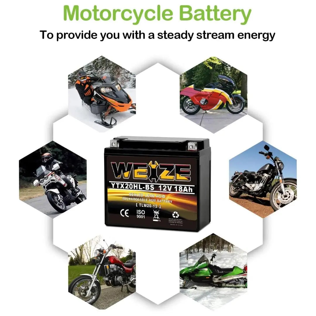 WEIZE YTX20HL BS 12V 18Ah High Performance AGM Motorcycle Battery - Maintenance Free, Sealed, Compatible with ATVs, Scooters & Powersports Vehicles - Perfect for Off-Road Adventures & Daily Commuting