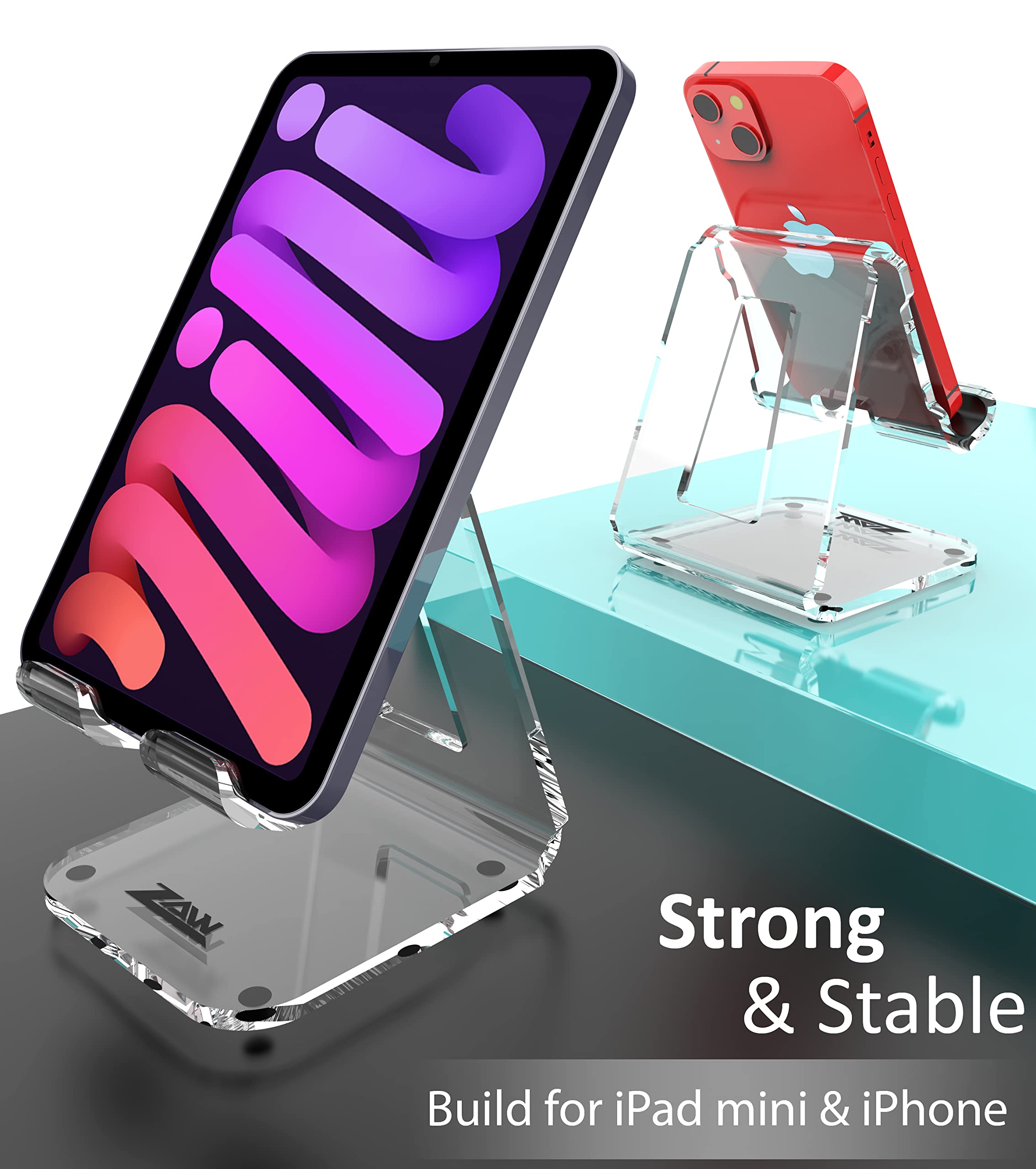 ZAW Clear Acrylic Cell Phone Stand for Desk – 4MM Thick Phone Holder Compatible with iPhone 15/14 Pro & Samsung S24/S23 – Perfect for Office, Home & Travel (1-Pack)