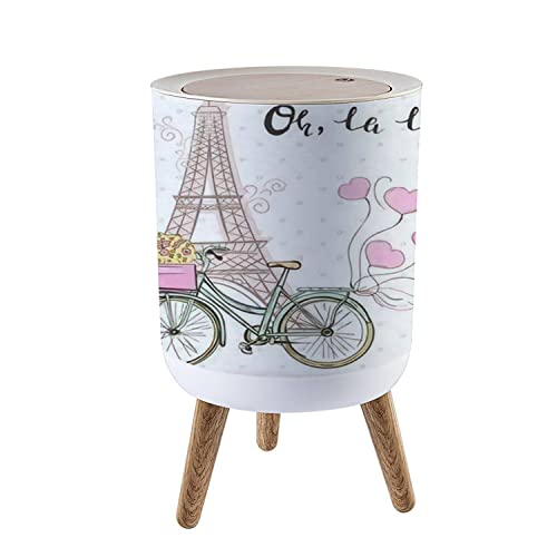 Paris Themed Nordic Style Push Top Trash Can with Lid - Eiffel Tower & Balloon Bike Design - 1.8 Gallon (7L) Round Modern Garbage Bin with Legs - Oh La La Scandinavian Kitchen/Bathroom/Dog Proof Trash Can - Perfect for Small Spaces, Apartments & Home Decor