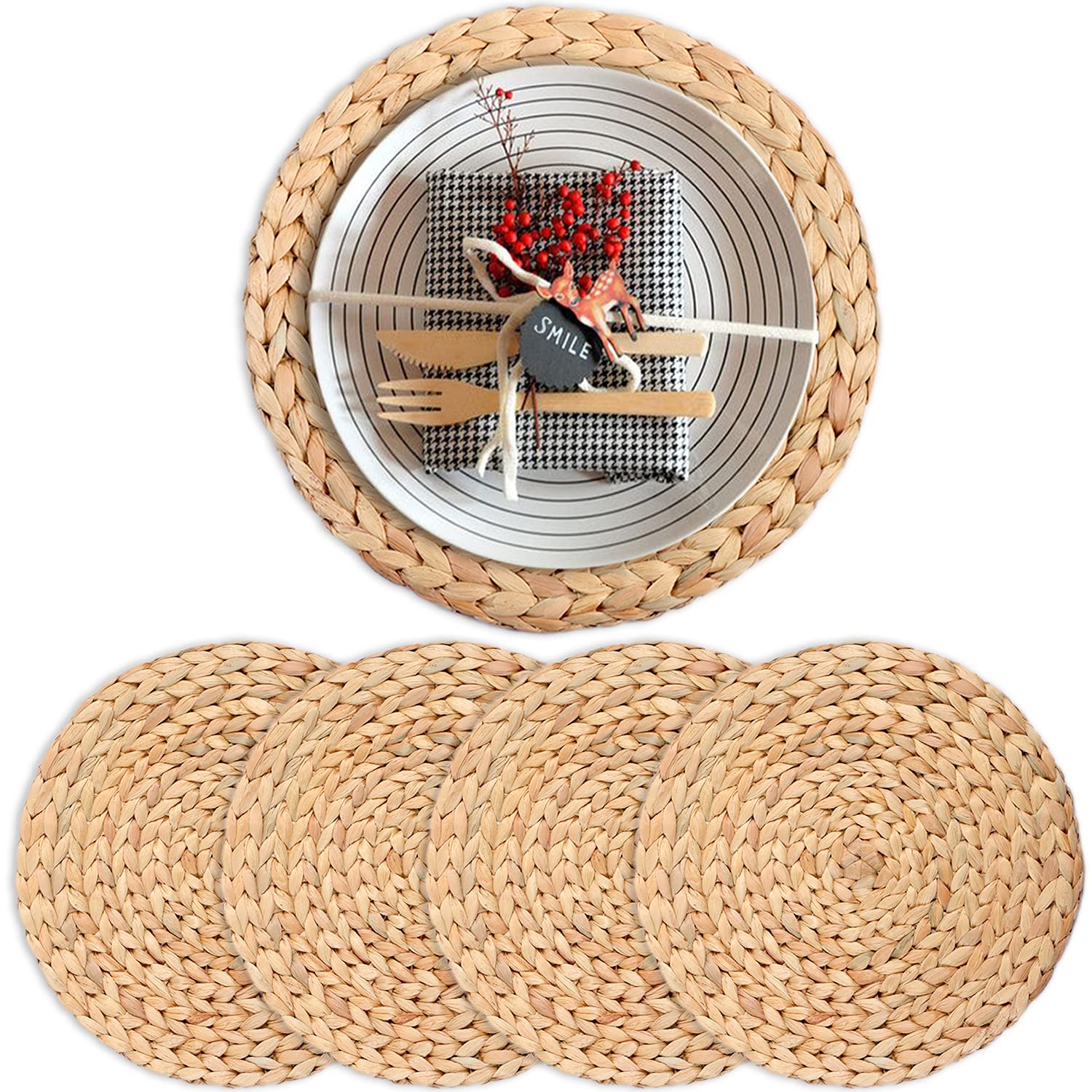 Boho Woven Water Hyacinth Placemats Set of 4 - 13.4