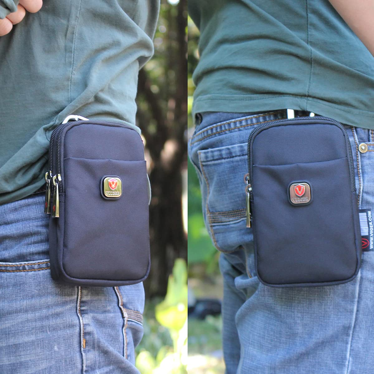 VIIGER Nylon Dual Phone Holster Belt Pouch - Compatible with iPhone 15 Pro Max/16 Pro/S24 - 2 Zipper Pockets & Clip - Black - Perfect for Outdoor Activities, Work & Travel