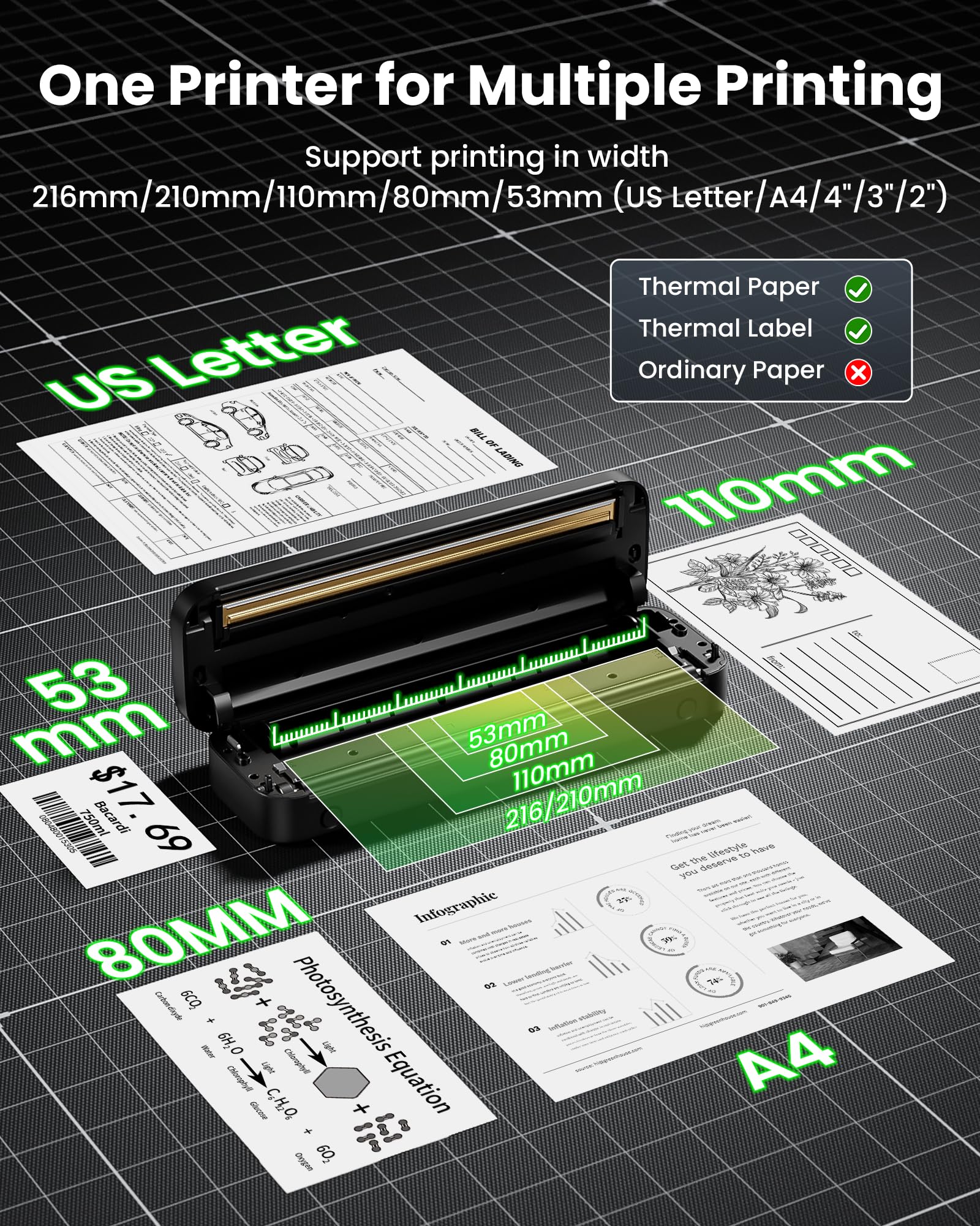 Itari Wireless Portable Printer - Bluetooth Thermal Printer for Android & iOS, Compact Inkless Printer for Travel, Home, School, Office (Supports A4 & US Letter) - Print Receipts, Labels & Documents On-The-Go