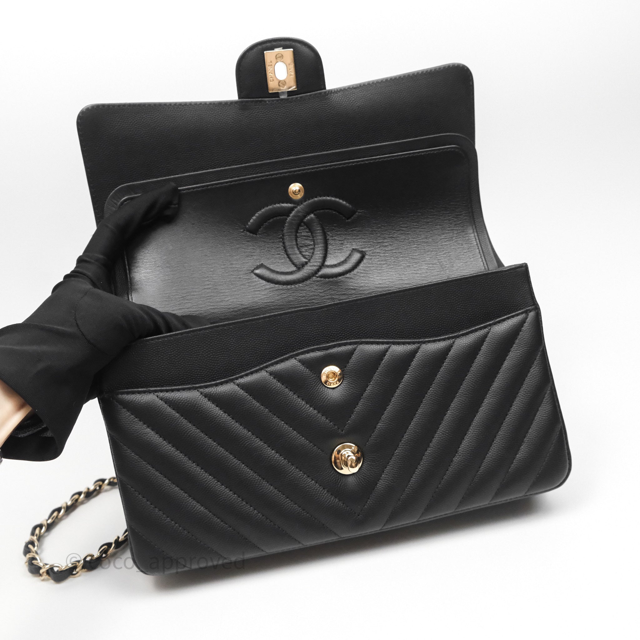 Chanel Classic Medium Flap Bag Chevron Black Caviar Leather with Gold Hardware - Luxury Designer Handbag for Women, Perfect for Work, Evening Events & Special Occasions