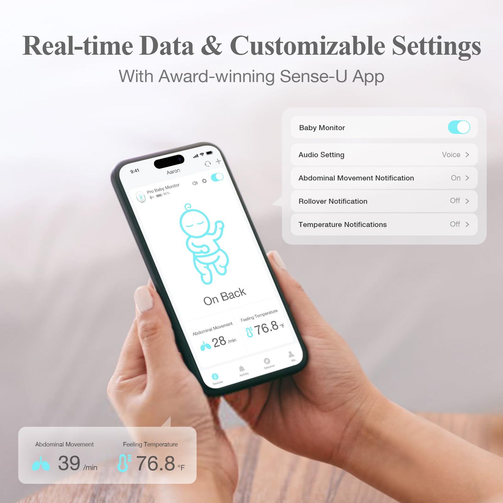 Sense-U Pro Baby Movement Monitor with Vibration Alerts – Rollover, Overheating & Motion Detection – Real-Time App & Sound Notifications – Clip-On Design for Cribs & Bassinets – FSA/HSA Eligible Smart Sleep Tracker (Ideal for Newborns & Infants Safety Monitoring)