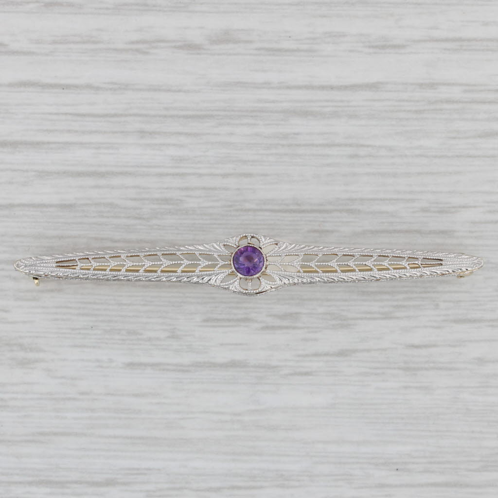 0.20ct Natural Amethyst Solitaire Art Deco Vintage Bar Brooch - 14k Gold & Platinum Pin for Women - Elegant Jewelry Gift for Weddings, Parties & Special Occasions
