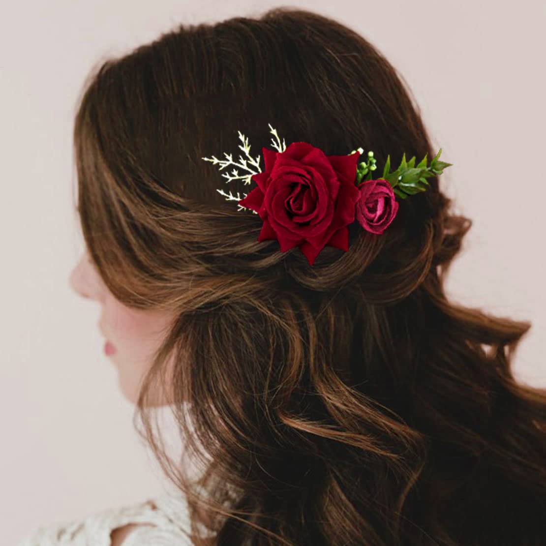 Handmade Velvet Rose Hair Comb for Women | Wedding Hair Accessories | Bridal Hairpiece with Artificial Flowers | Elegant Rose Hairpin for Prom, Banquet & Special Events | Perfect for Bridal Showers, Date Nights & Formal Occasions (Deep Red)