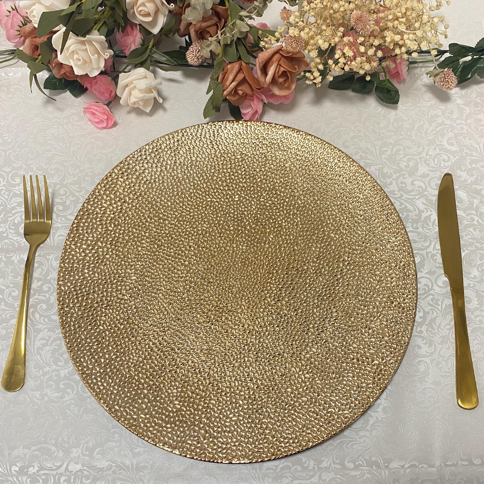 13 Inch Round Plastic Charger Plates Set of 8 - Gold Bubble Design for Wedding, Party, Dinner & Event Decor - Elegant Table Setting for Formal Dining, Buffet & Special Occasions