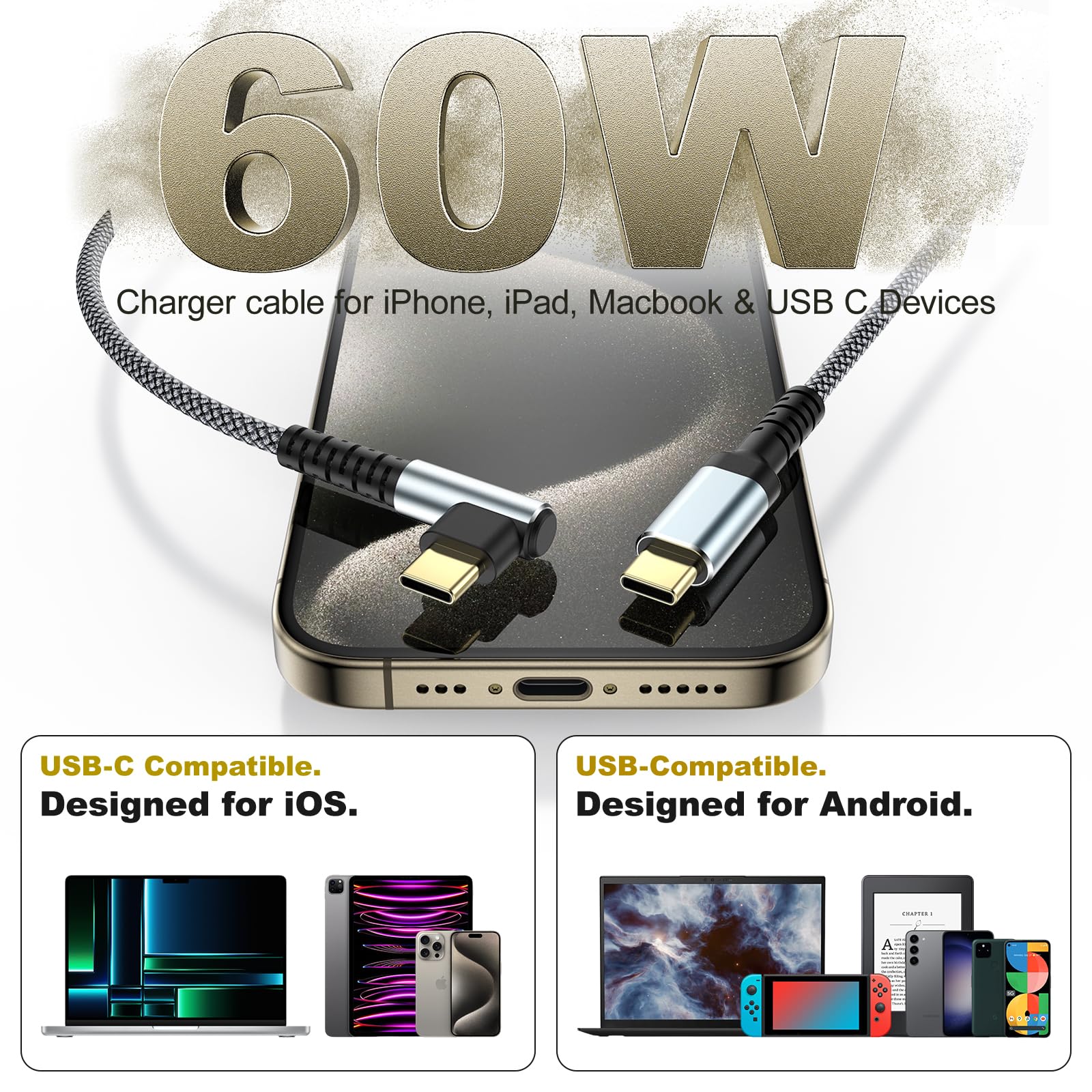 60W USB C to USB C Fast Charging Cable [10ft/3 Pack] - Braided Type C Charger with Right Angle for iPhone 16/16 Plus/16 Pro Max/15/15 Plus/15 Pro Max, MacBook Pro, iPad, Samsung S24 - Perfect for Home, Office & Travel Charging