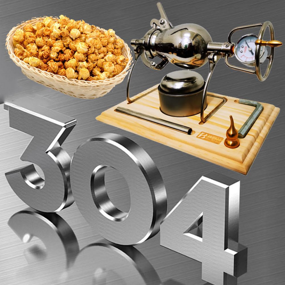 304 Stainless Steel Popcorn Maker Machine - 260ml Hot Air Popper with Wooden Base & Dual Pressure Valve - Perfect for Movie Nights, Parties, and Home Theater Snacks
