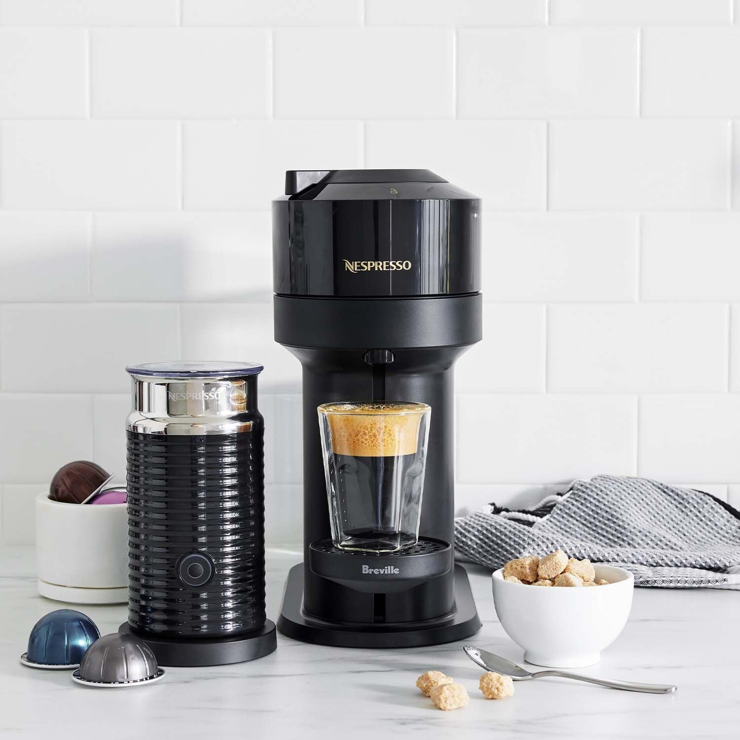 Nespresso Vertuo Next Coffee Machine by Breville with Aeroccino Milk Frother - Limited Edition Black Gloss - Perfect for Home & Office Espresso Lovers