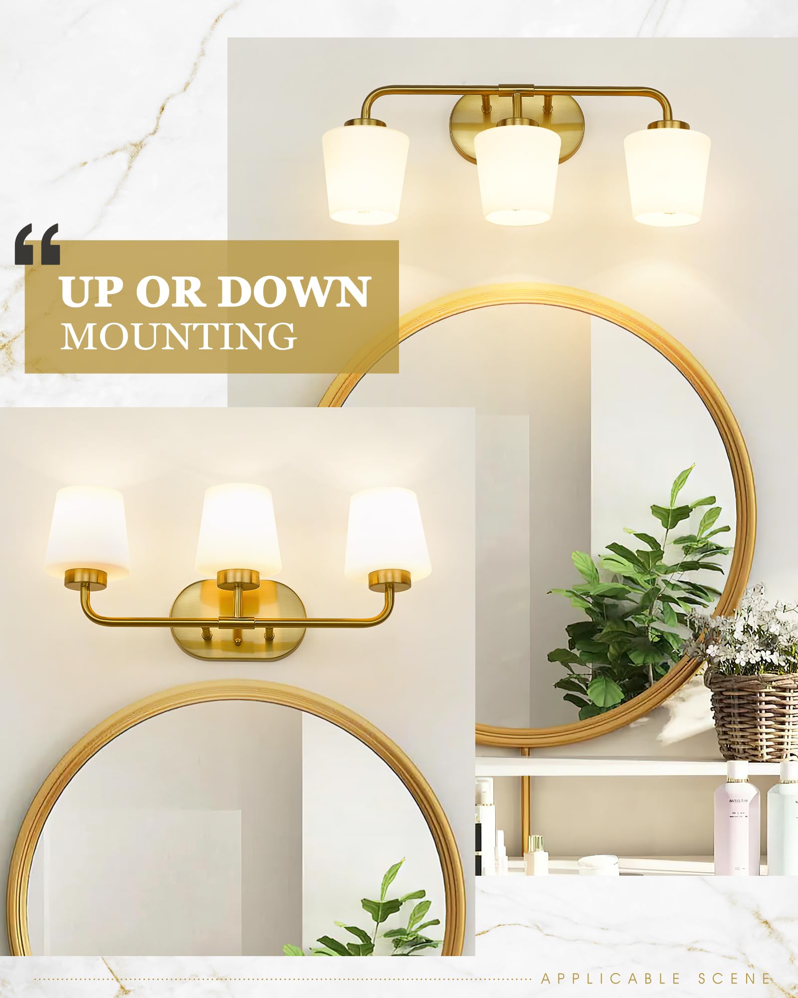 Brushed Gold Bathroom Vanity Light - Farmhouse Brass Wall Sconce with Milk White Glass Shades, 3-Light Champagne Bronze Fixture for Mirror Lighting (AD-22004-3W-GD) - Perfect for Bathroom, Powder Room, and Farmhouse Decor