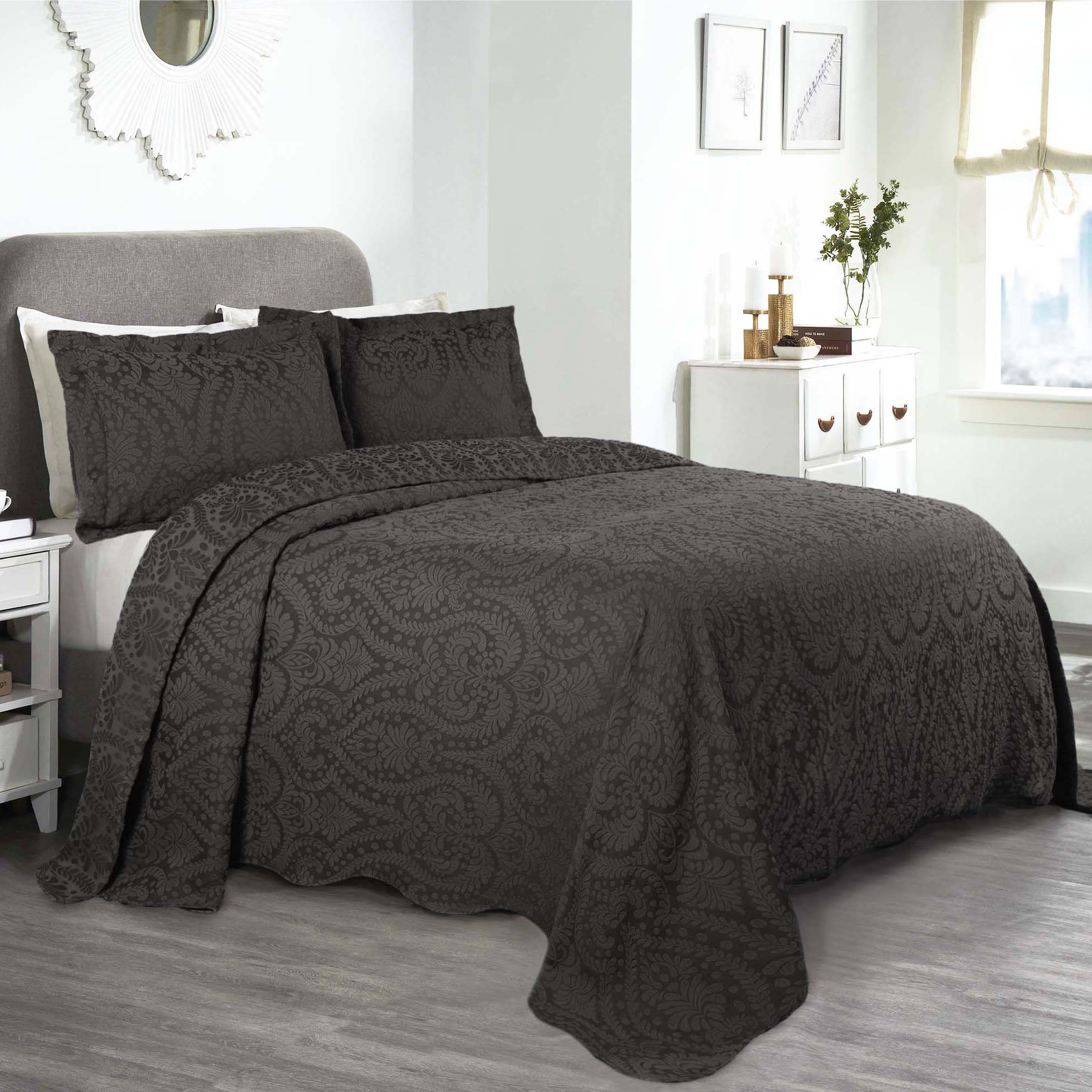 Premium Aspen Cotton Blend Jacquard Woven Floral Bedspread Set with Scalloped Edges - Queen Size Luxury Bedding for Master Bedroom & Guest Room Decor