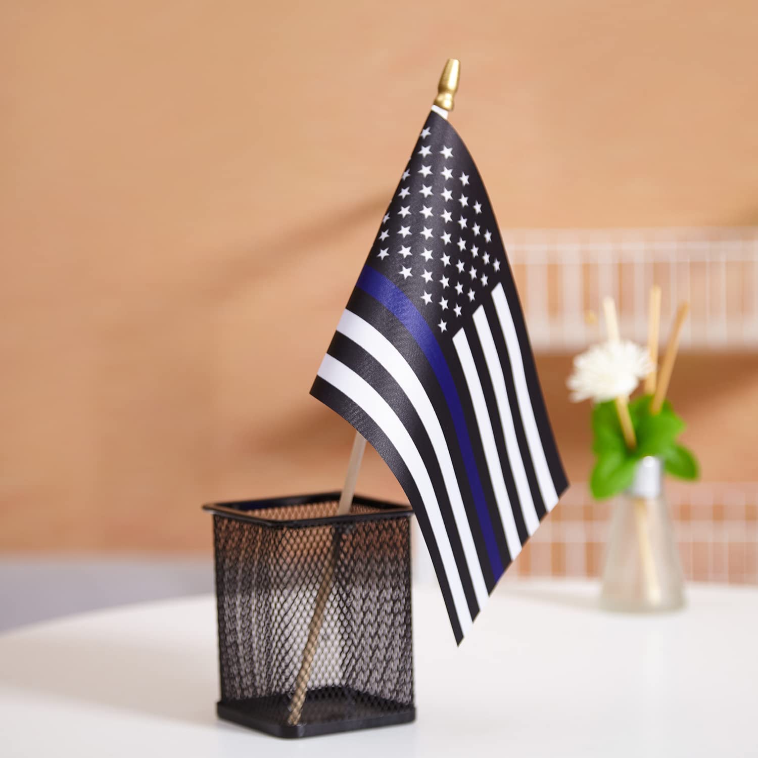 25 Pack Thin Blue Line USA American Police Flag Small Mini Wooden Stick Flags - Patriotic Handheld Flags for Police Support, Holidays, Parties & Events - Perfect for Backyards, Parades & Police Appreciation Decorations