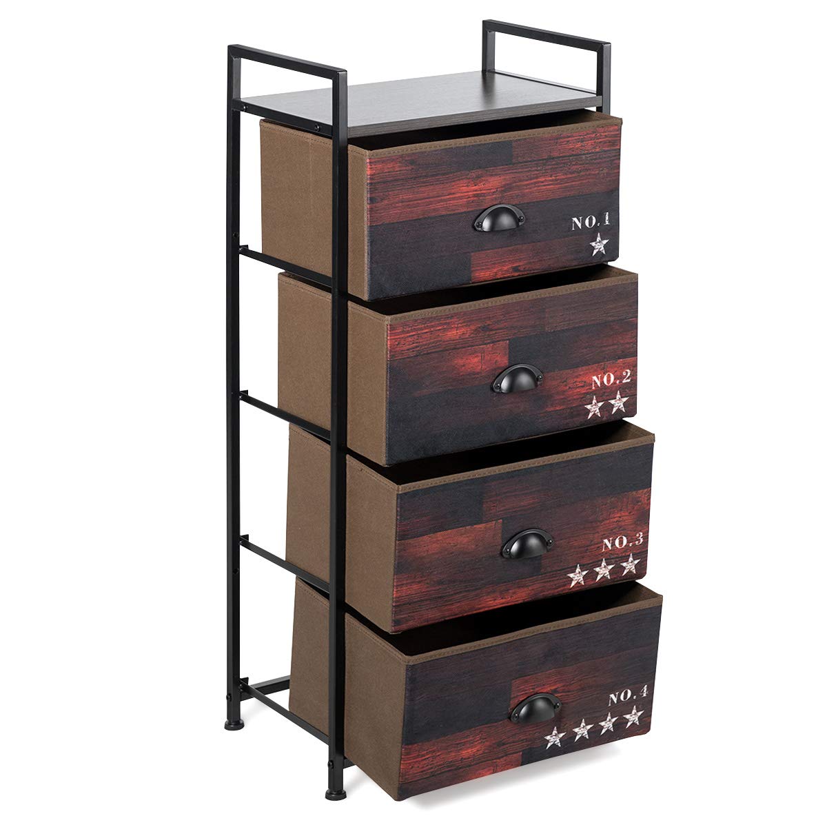 Tangkula 4-Drawer Vertical Storage Tower - Industrial Wood Look Dresser with Fabric Drawers & Steel Frame for Bedroom, Closet & Entryway Organization | Freestanding Retro Cabinet for Small Spaces & Apartment Living