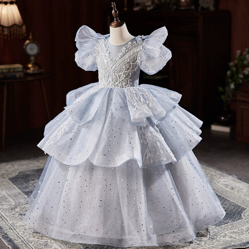 Dusty Blue Organza Flower Girl Dress - Princess Round Floor Length for Weddings & Special Occasions
