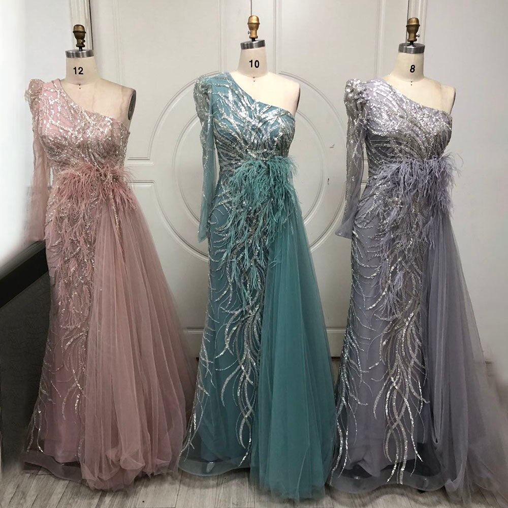 Elegant Grey Mermaid Evening Dress with Feather Skirt & Beaded One Shoulder - Women's Formal Gowns for Prom, Wedding, Red Carpet & Special Occasions 2025