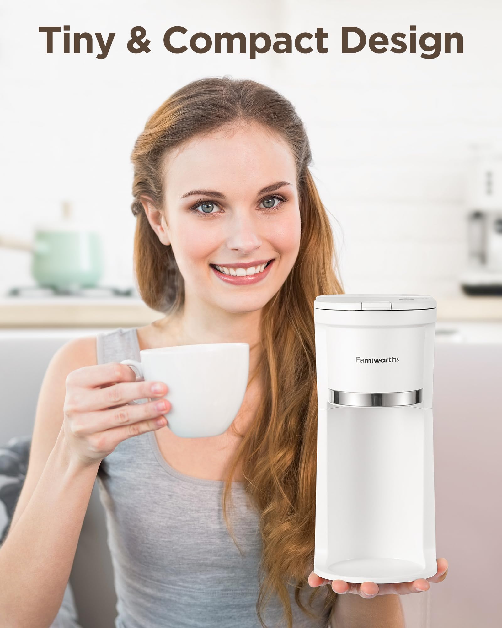 Famiworths Mini Single Serve Coffee Maker for K-Cup & Ground Coffee - 6 to 12 Oz Brew Sizes, Compact Capsule Coffee Machine with Water Window & Descaling Reminder (White) - Perfect for Home, Office, Dorm & Travel Use
