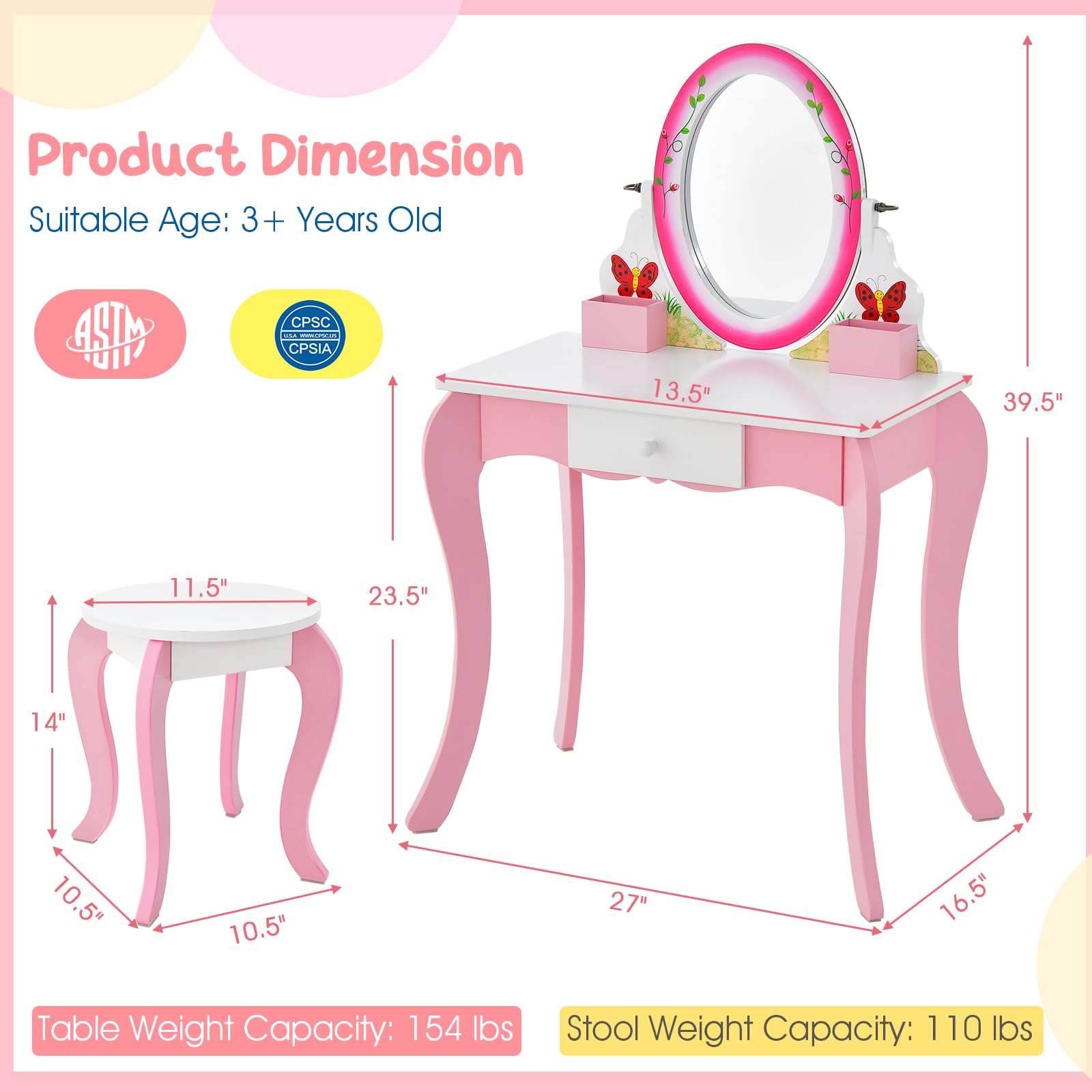 Costzon Kids Vanity Set with Mirror & Stool - 2-in-1 Toddler Makeup Dressing Table with Storage Drawers & Grids - Pretend Play Vanity Desk & Chair for Little Girls - Perfect for Bedroom Playroom & Birthday Gifts