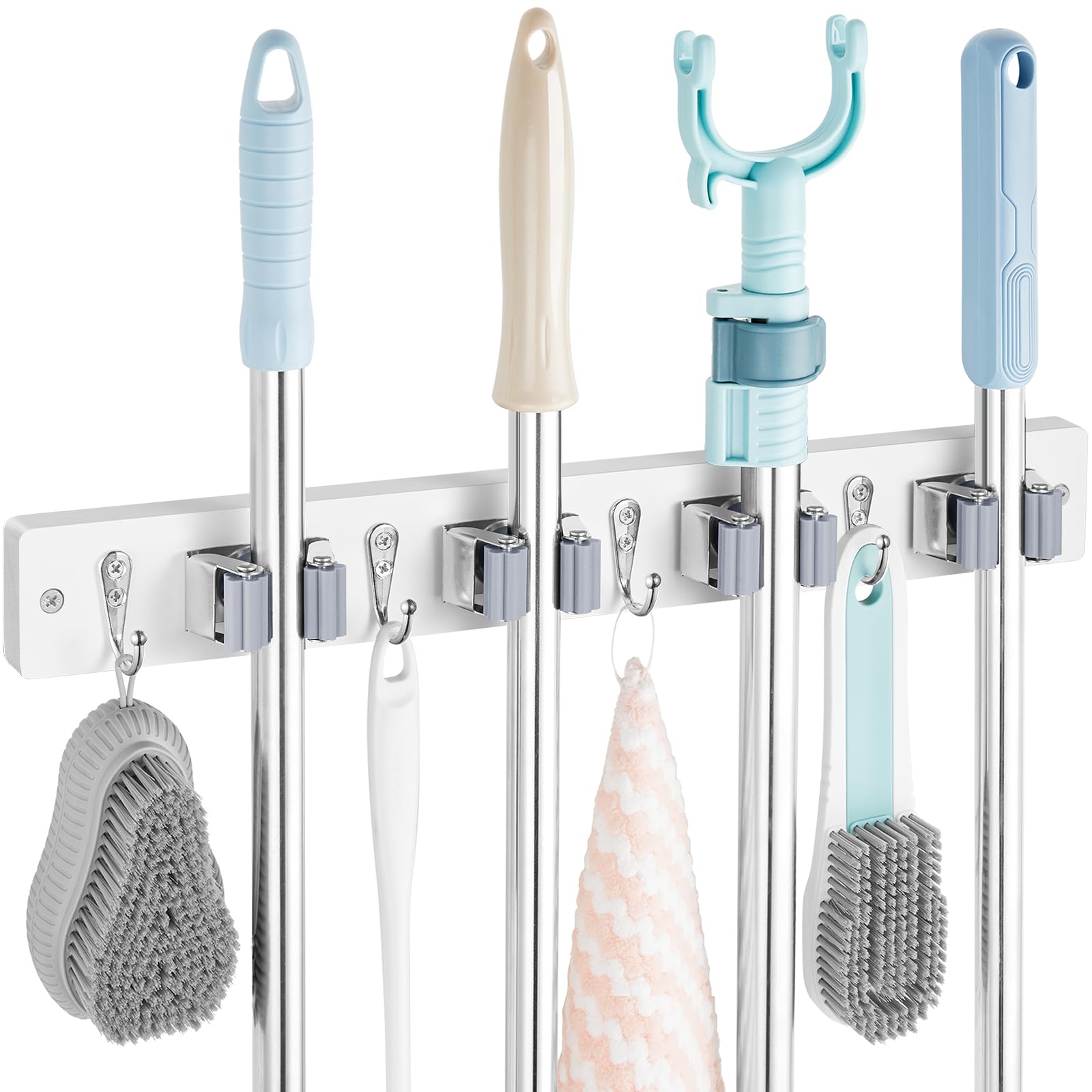 OUTNILI White Wall Mount Mop Broom Holder with 4 Slots & 4 Hooks - Heavy Duty Wooden Broom Mop Hanger for Pantry, Closet & Laundry Room Organization - Garden Tool Organizer - White Kitchen Decor for Home Cleaning & Storage Solutions