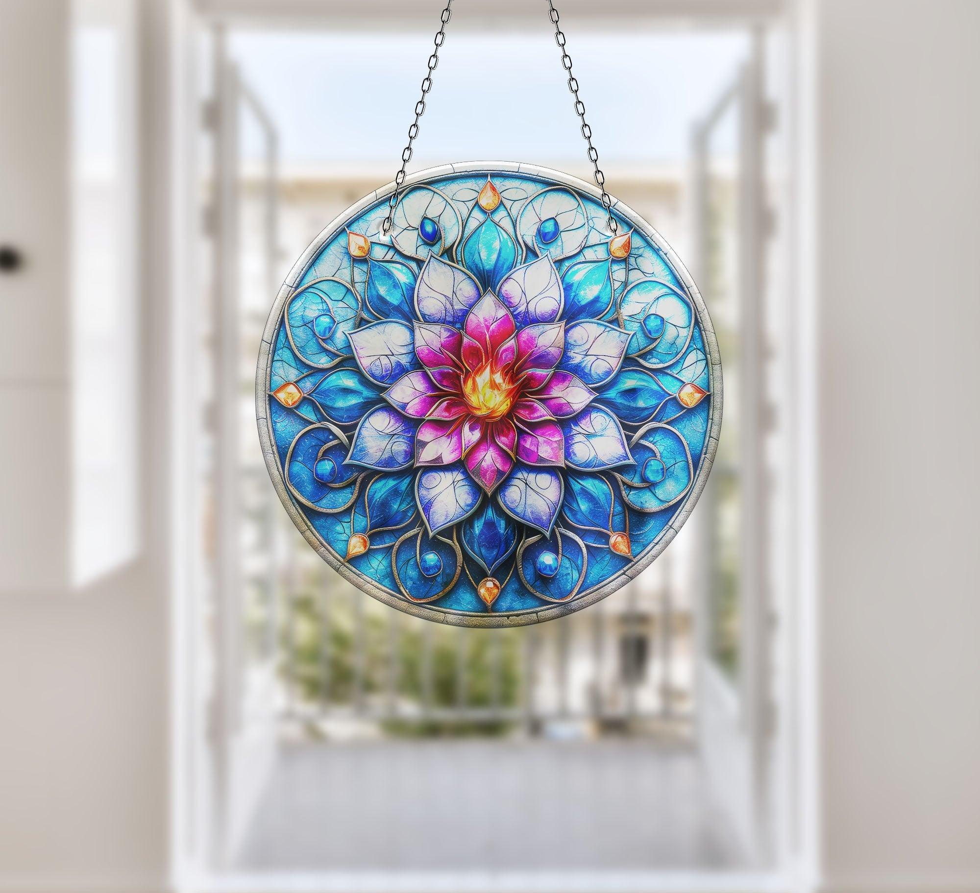 Blue & Pink Lotus Suncatcher - Stained Glass Window Decor for Home, Office & Garden - Perfect for Meditation Spaces & Yoga Studios