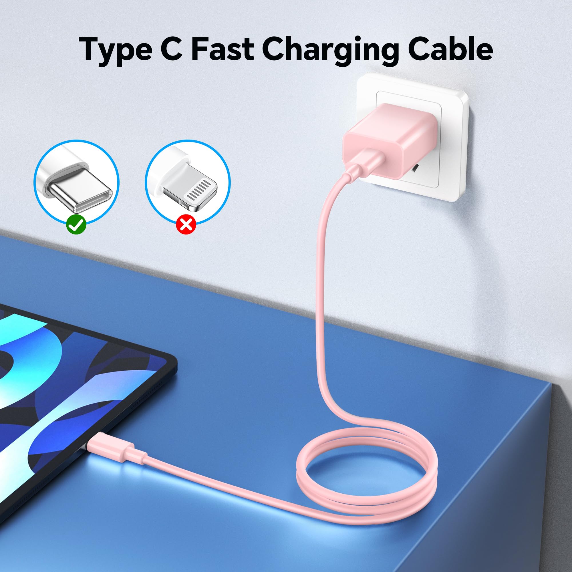 20W USB C Fast Charger Block 3-Pack with 6FT 60W USB C to C Cable - Compatible with iPhone 15/14/13/12, iPad Pro, Samsung Galaxy S23/S22, Android Phones (Pink) - Perfect for Home, Office & Travel Charging