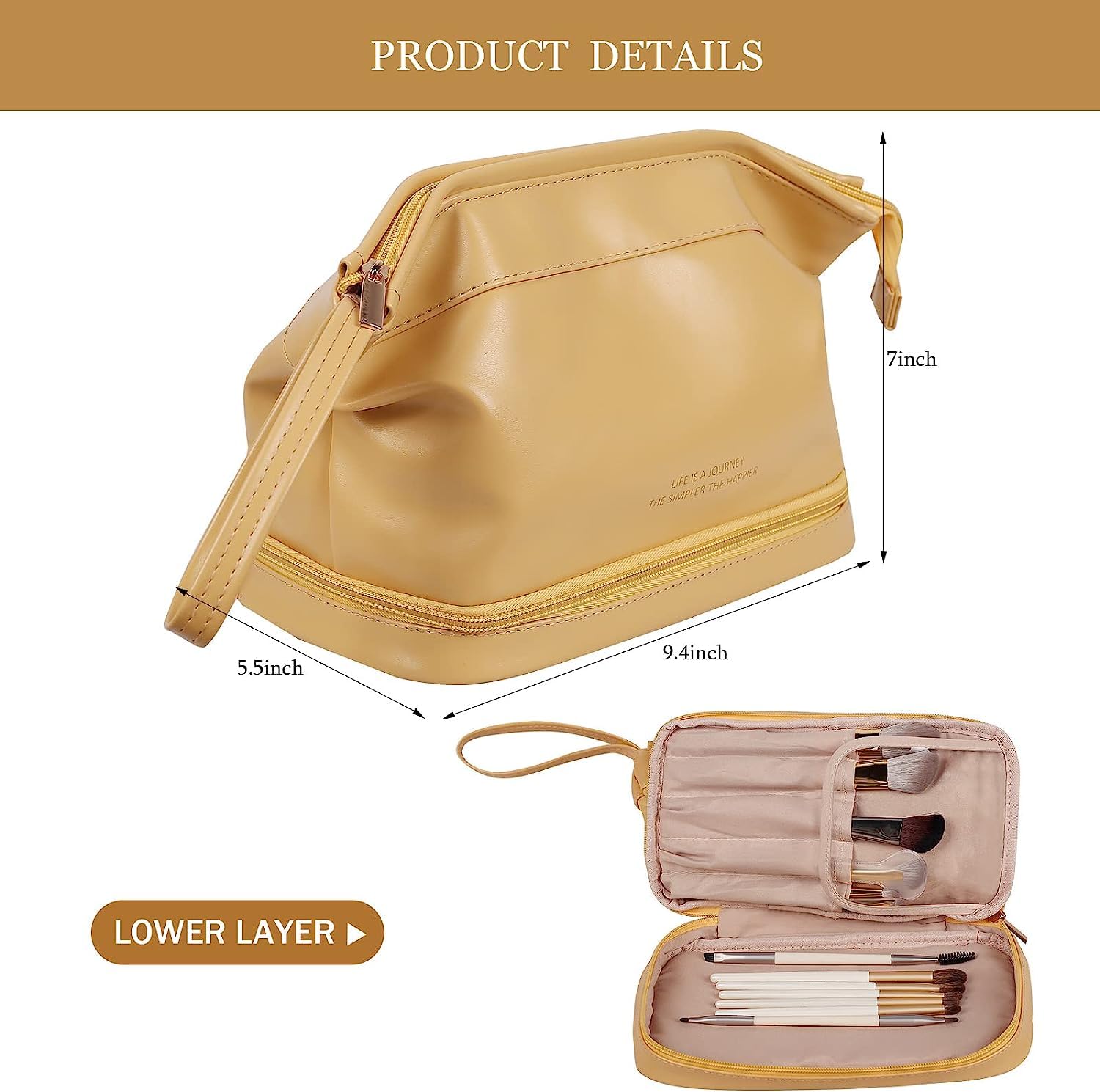 BUYORY Leather Makeup Organizer for Women & Girls - 13cm Travel Cosmetic Bag with Large Zipper | Portable Leather Toiletry Case for Travel, Home, and Daily Use (Yellow)