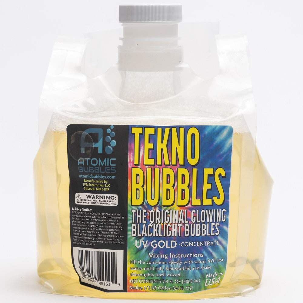Atomic Bubbles Tekno Bubbles Gold UV Glowing 64oz Refill - Smart Pouch for Outdoor Parties, Night Events & Kids Playtime